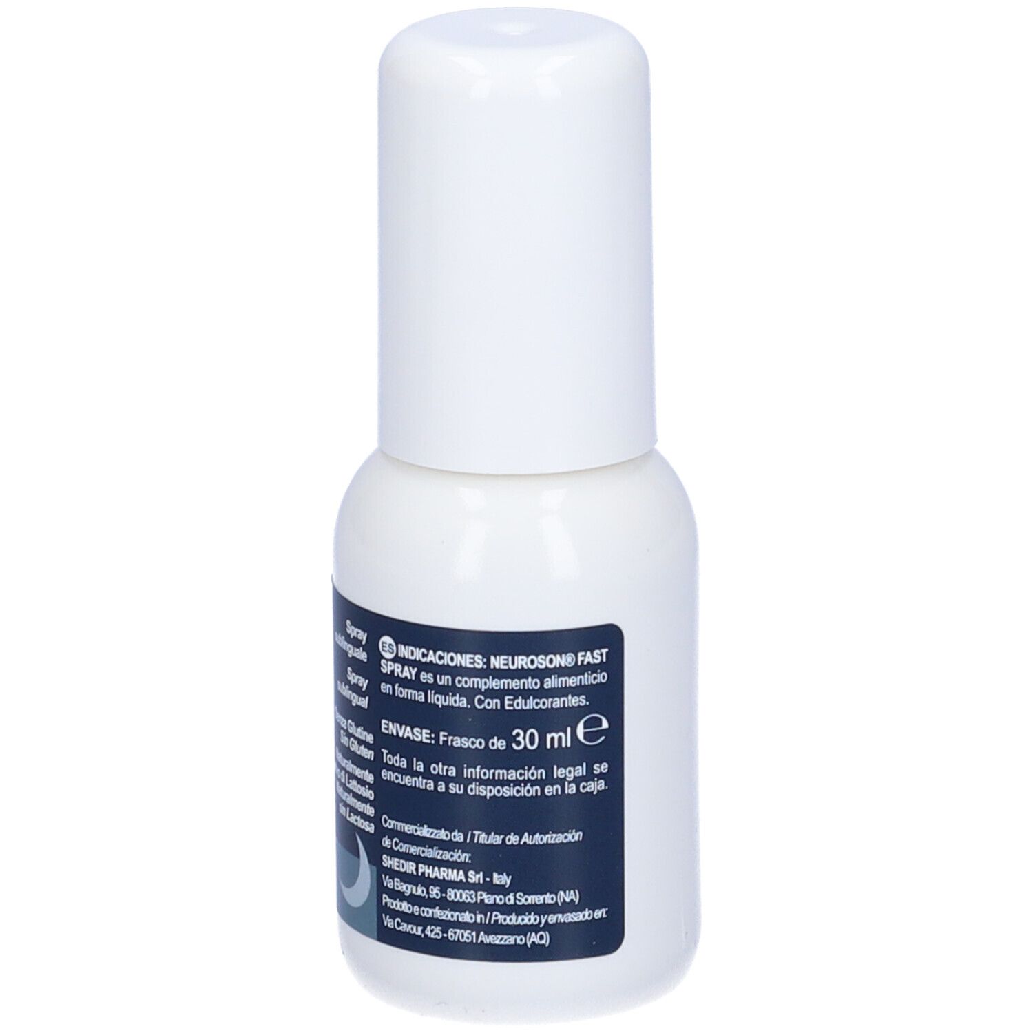 Piccolo flacone spray bianco con etichetta blu. L'etichetta riporta "neuroson FAST".