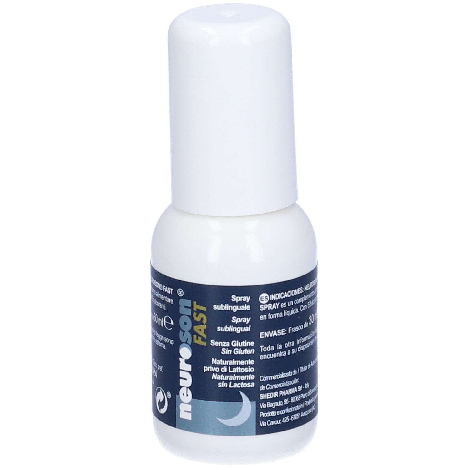 Piccolo flacone spray bianco con etichetta blu. L'etichetta riporta "neuroson FAST".