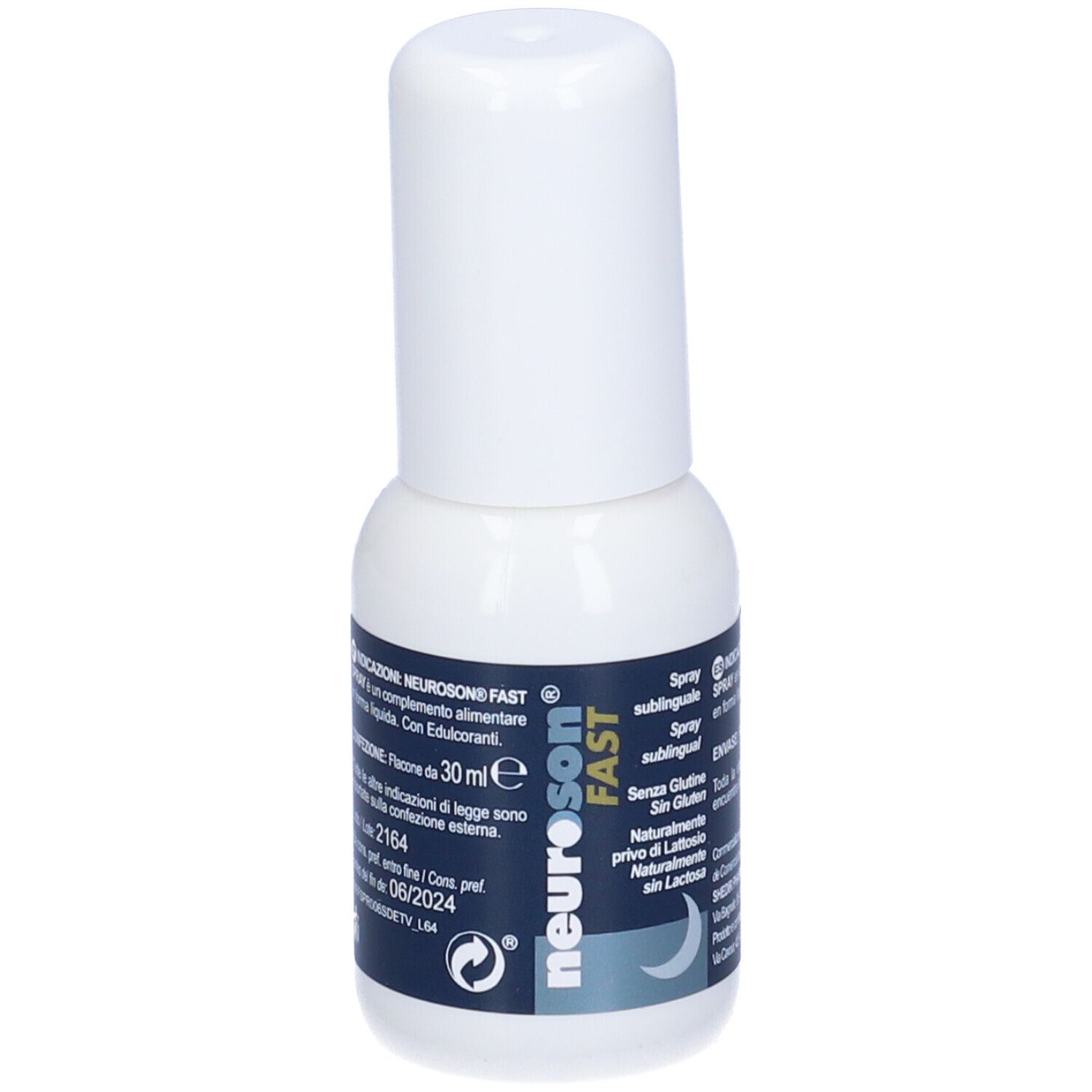 Piccolo flacone spray bianco con etichetta blu. L'etichetta riporta "neuroson FAST".