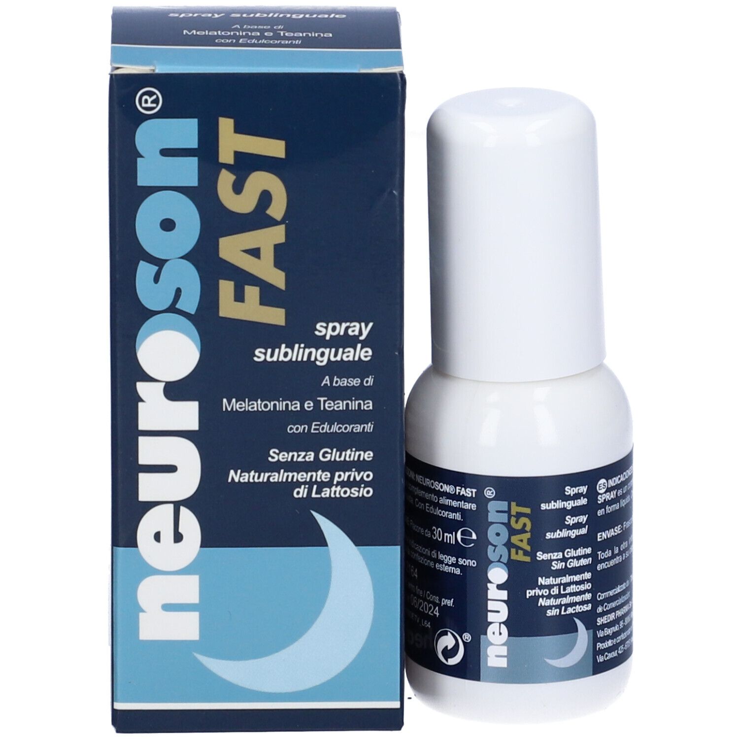 Piccolo flacone spray bianco e scatola. Sulla scatola è scritto "neuroson FAST".