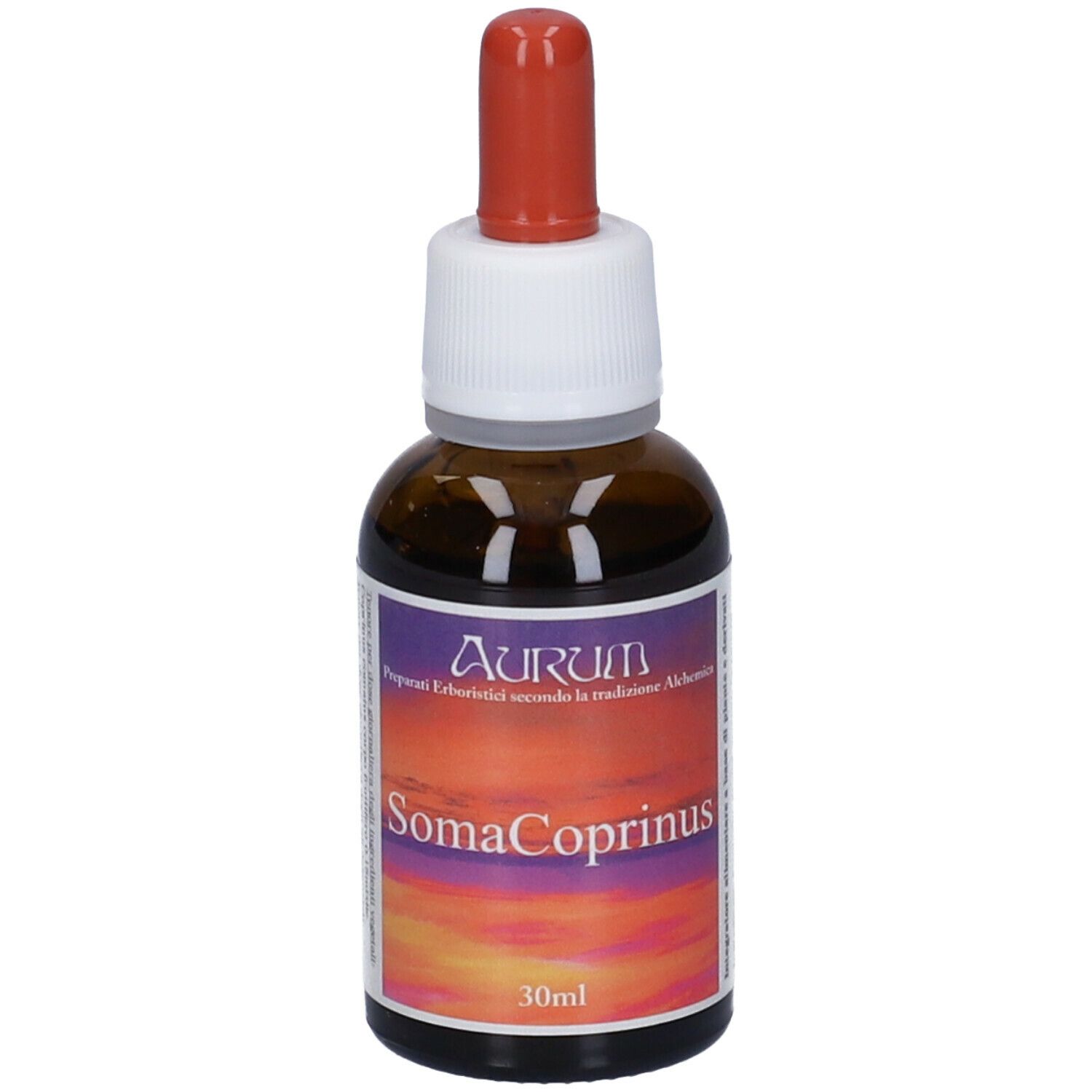 Flacone di vetro marrone con contagocce rosso. Etichetta con nome prodotto: SomaCoprinus e 30ml.