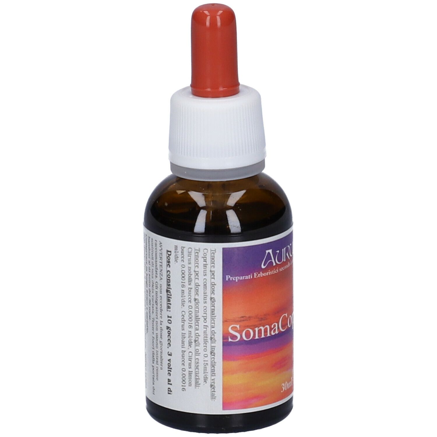 Flacone di vetro marrone con contagocce rosso. Etichetta con nome prodotto: SomaCoprinus e 30ml.