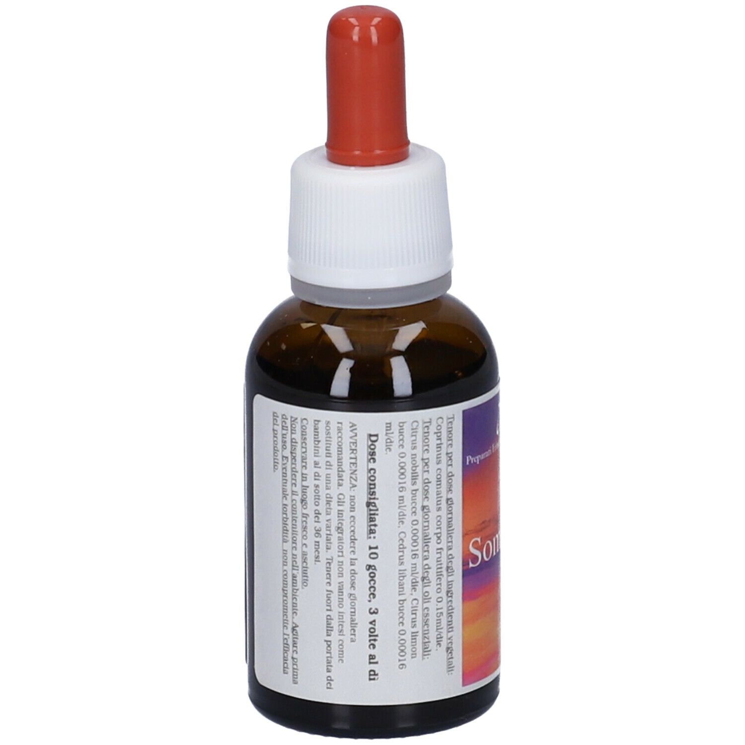 Flacone di vetro marrone con contagocce rosso. Etichetta con nome prodotto: SomaCoprinus e 30ml.