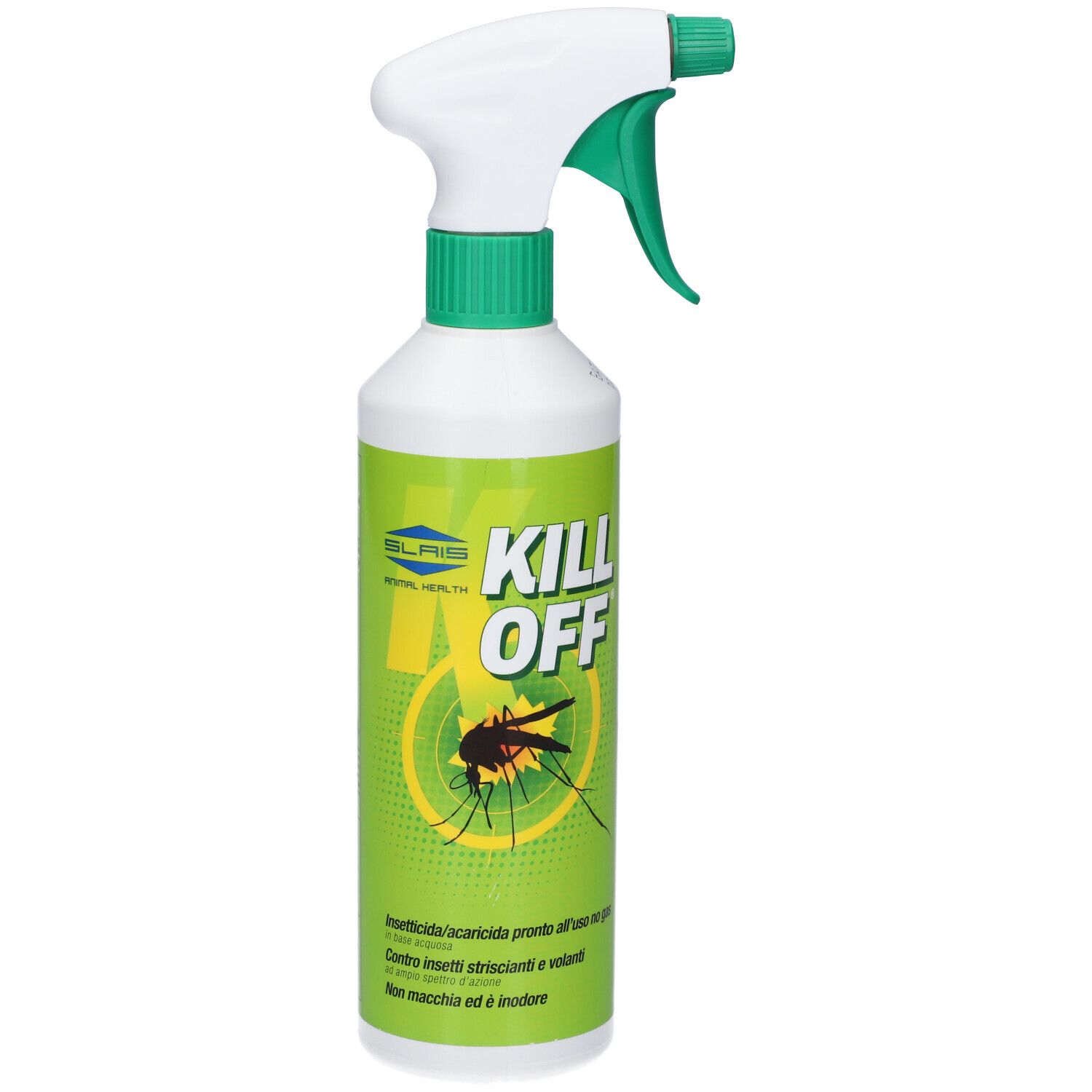 Grüne Sprühflasche mit weißem Sprühkopf. Aufschrift KILL OFF und Insektengrafik. Grüne und weiße Farbgebung.
