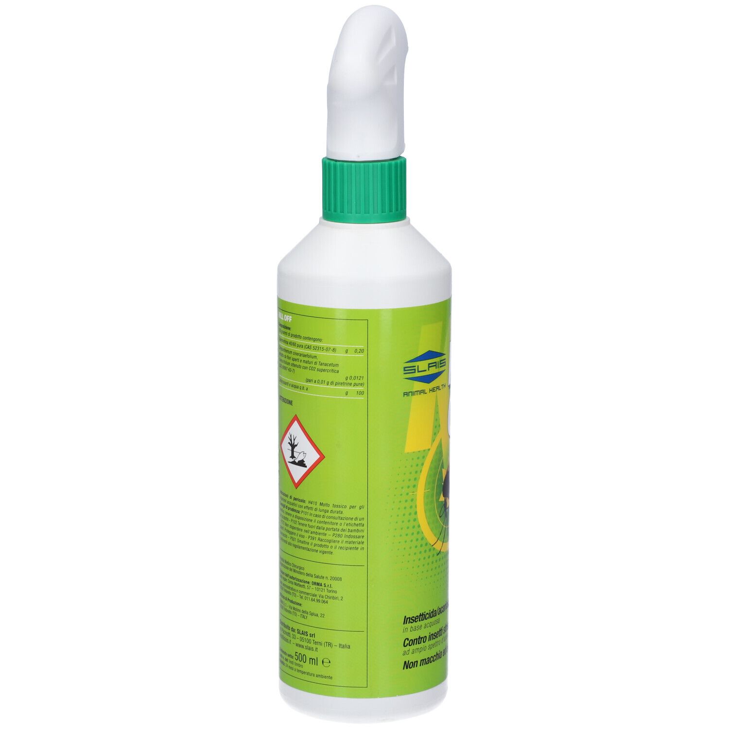 Grüne Flasche mit weißem Sprühkopf. Rückseite mit Text und Gefahrensymbol. Grüne und weiße Farbgebung.