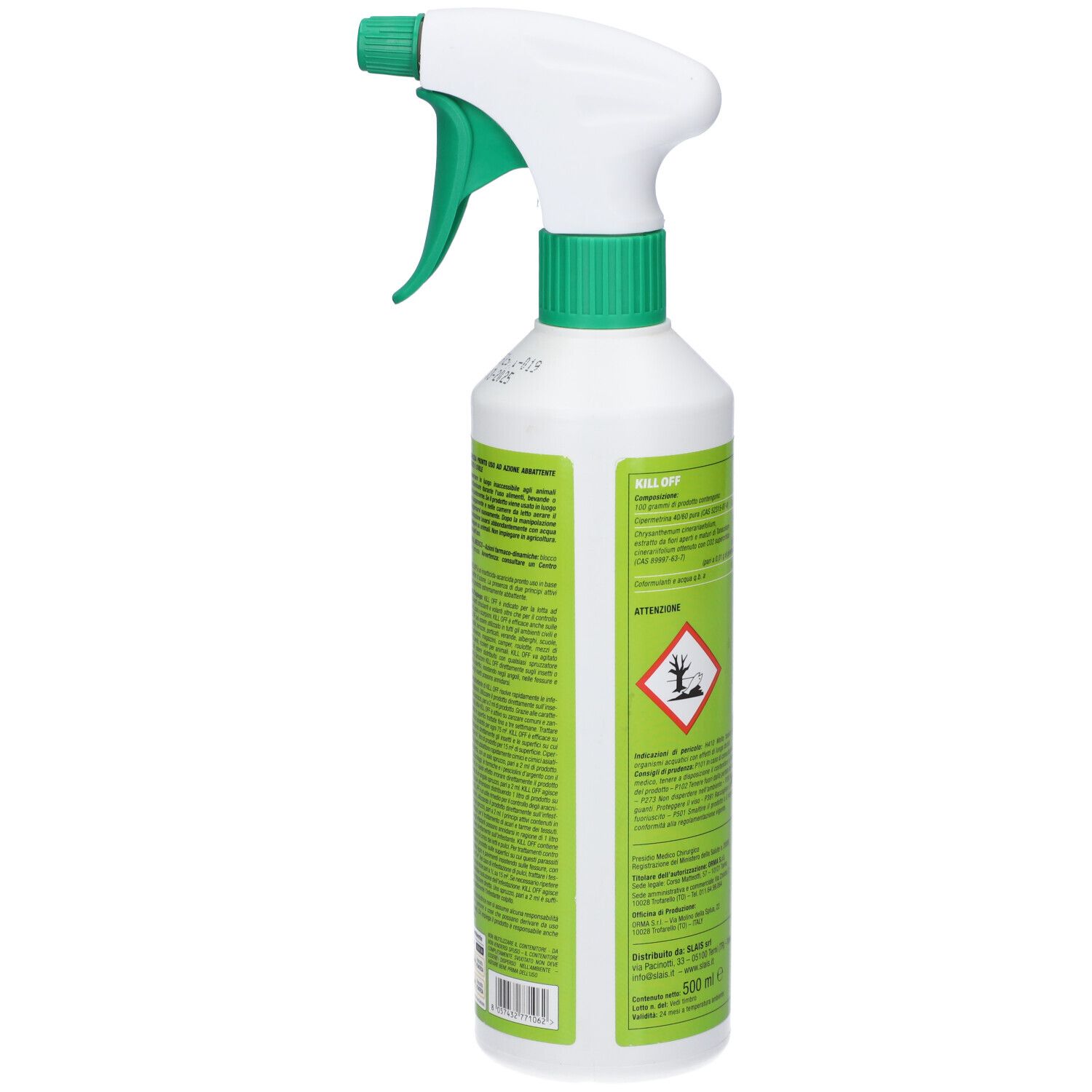 Grüne Flasche mit weißem Sprühkopf. Rückseite mit Text und Gefahrensymbol. Grüne und weiße Farbgebung.