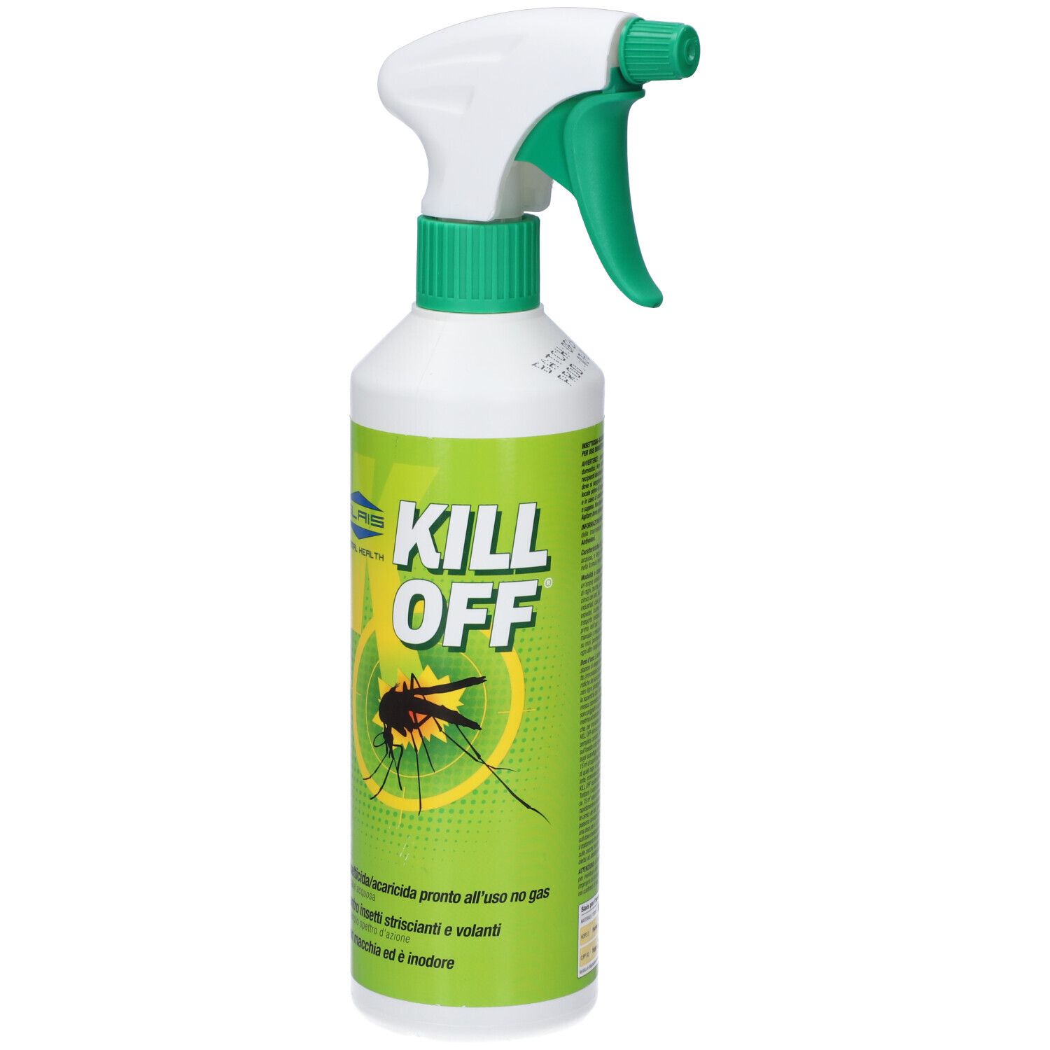 Grüne Sprühflasche mit weißem Sprühkopf. Aufschrift KILL OFF und Insektengrafik. Grüne und weiße Farbgebung.