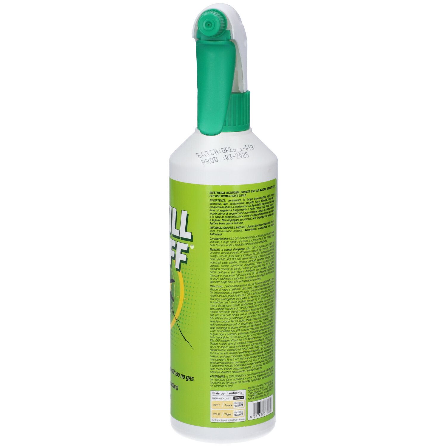 Grüne Flasche mit weißem Sprühkopf. Rückseite mit Text und Gefahrensymbol. Grüne und weiße Farbgebung.