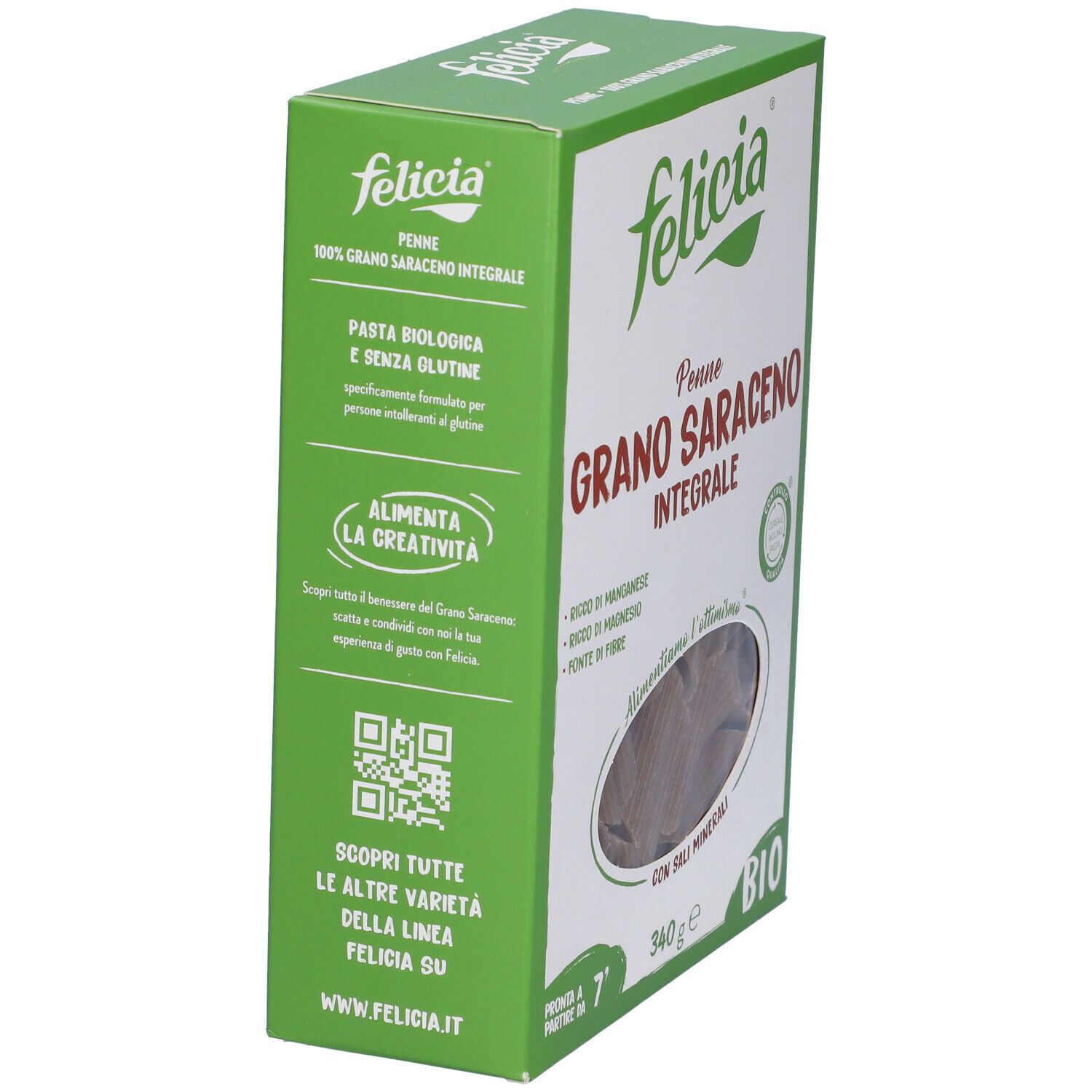 Felicia Penne GRANO SARACENO INTEGRALE BIO. Confezione verde, vista laterale. Testo: 'Pasta biologica e senza glutine'. Codice QR.