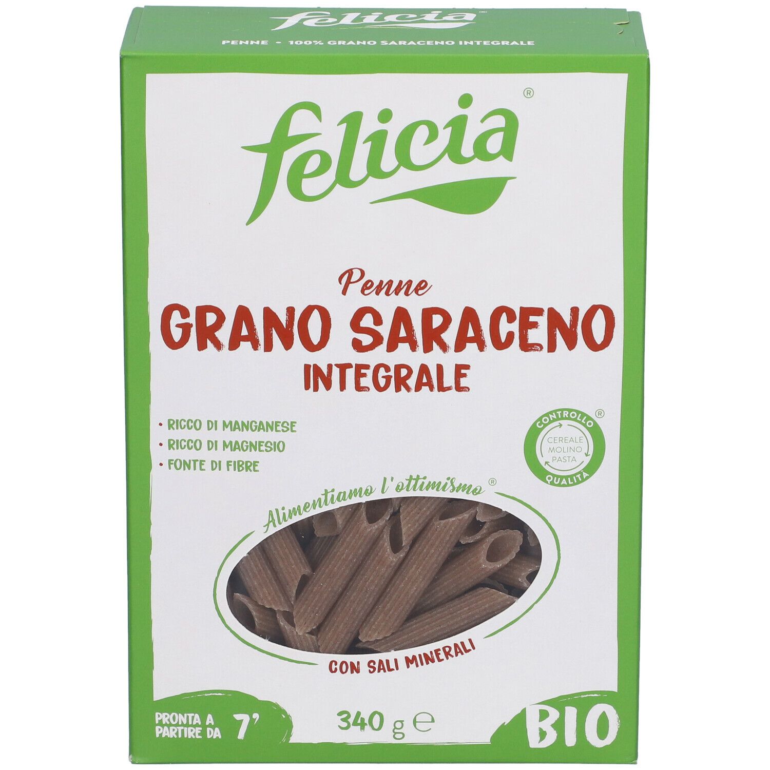 Felicia Penne GRANO SARACENO INTEGRALE BIO. Confezione verde con immagine del prodotto. Contiene informazioni nutrizionali e marchio bio.