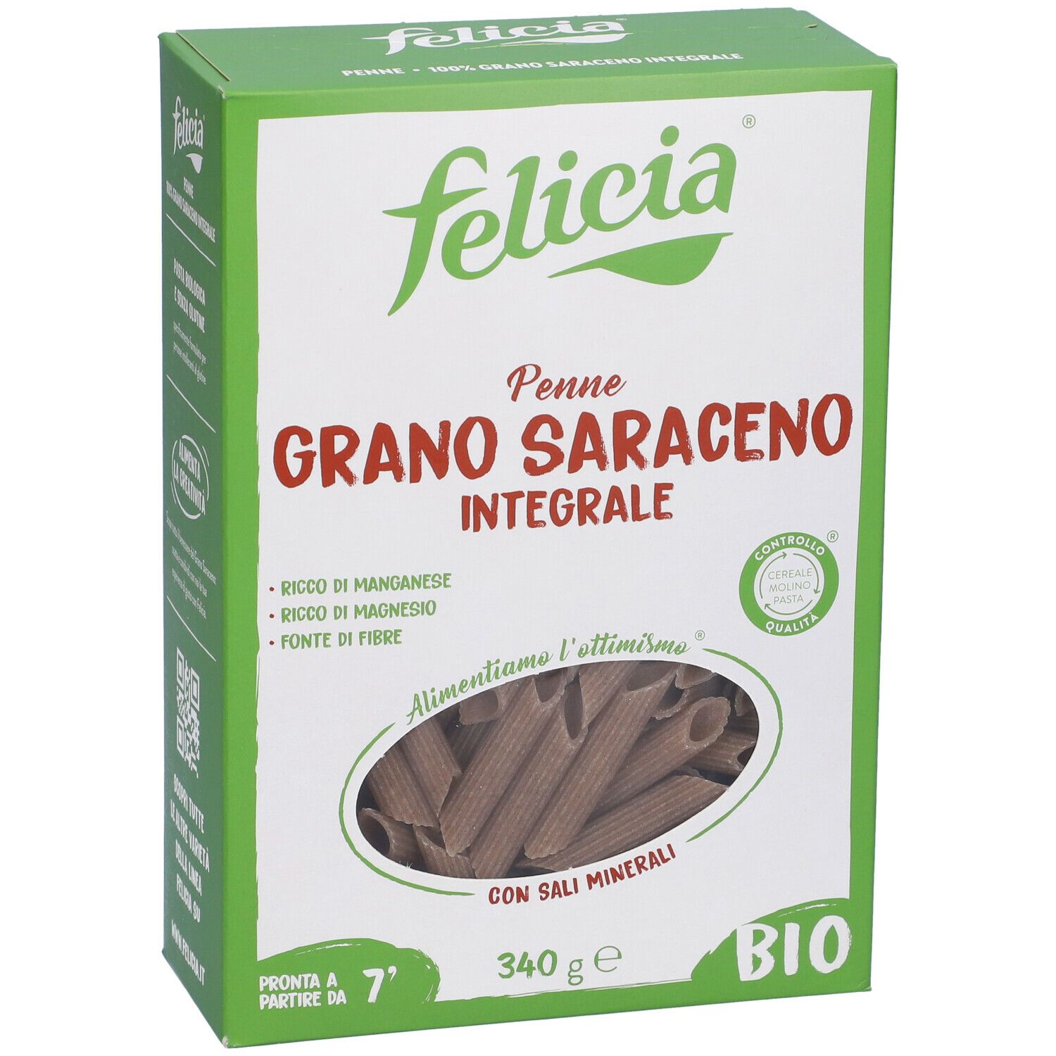 Felicia Penne GRANO SARACENO INTEGRALE BIO. Confezione verde con immagine del prodotto. Contiene informazioni nutrizionali e marchio bio.