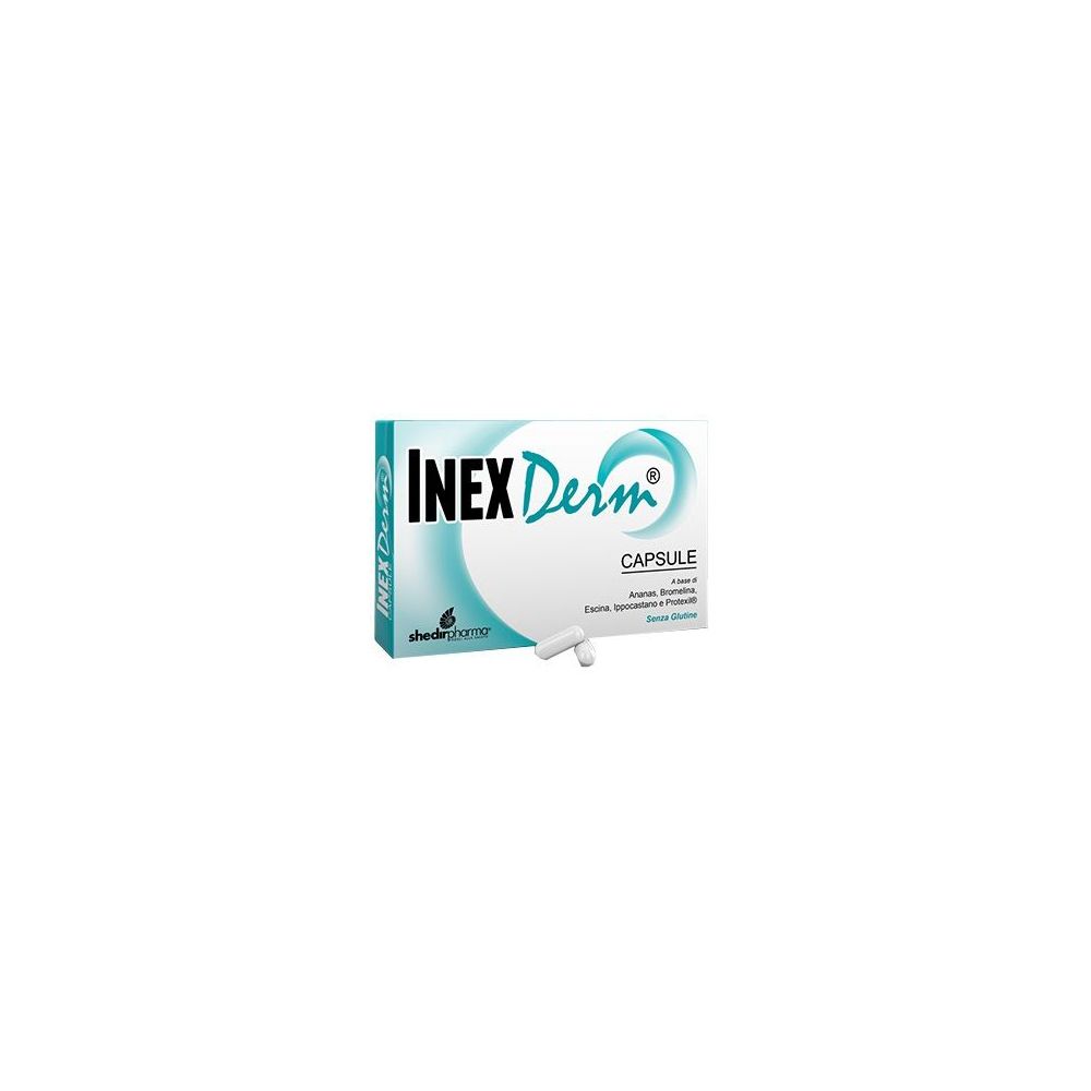 Scatola di capsule. Una capsula accanto. Scritta: InexDerm, Capsule.