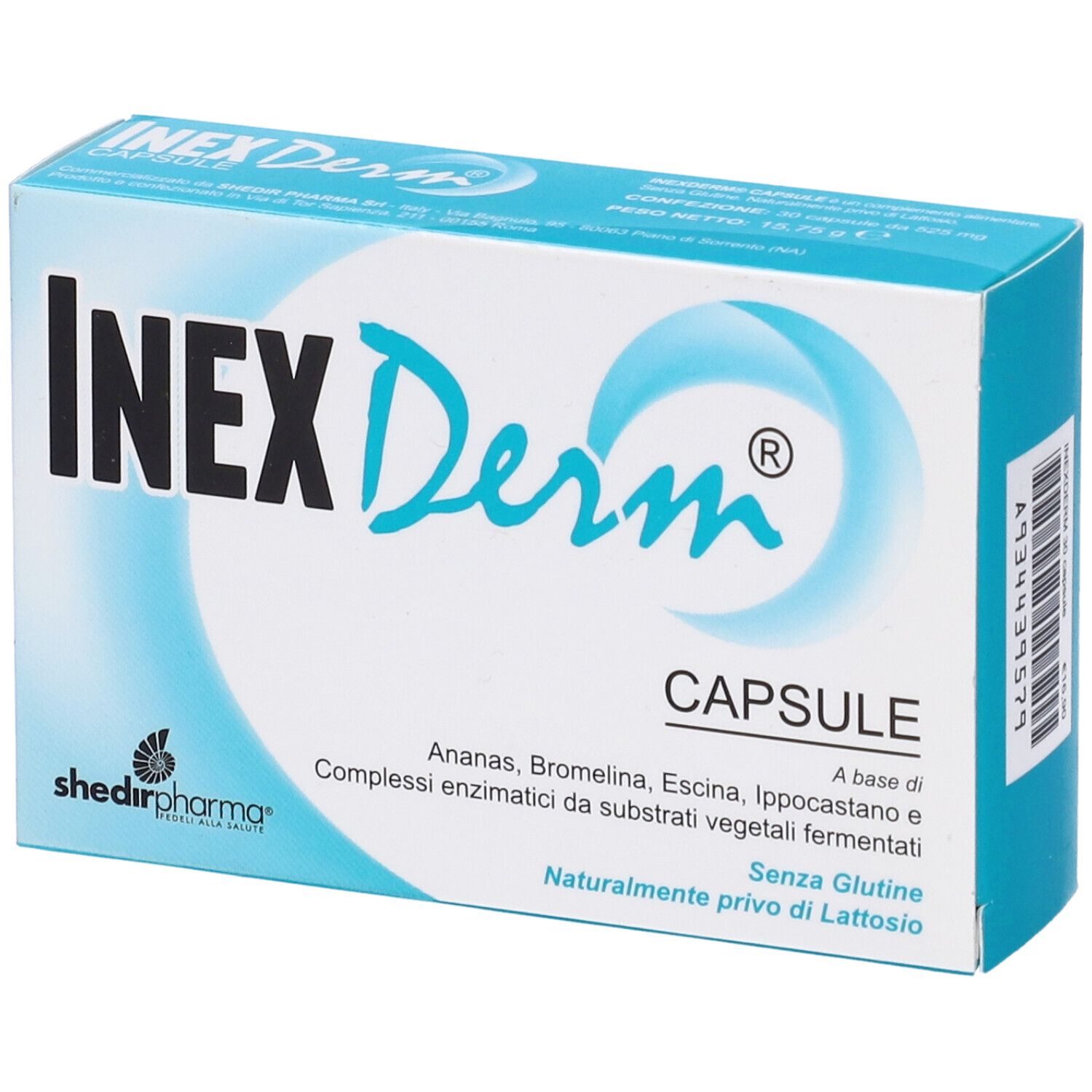 Scatola blu e bianca. Scritta: InexDerm, Capsule. Ingredienti e senza glutine.