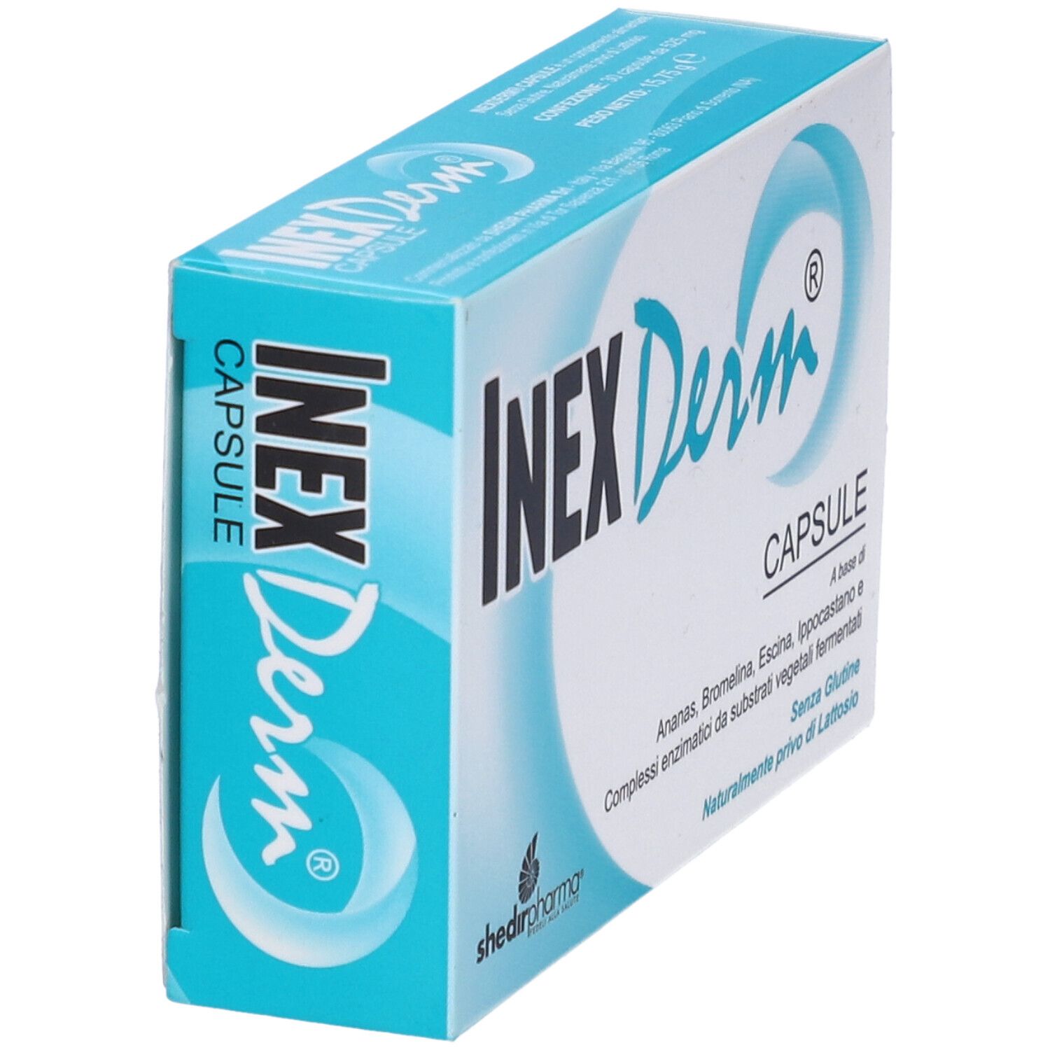 Scatola in diagonale. Scritta: InexDerm, Capsule. Ingredienti e senza glutine.