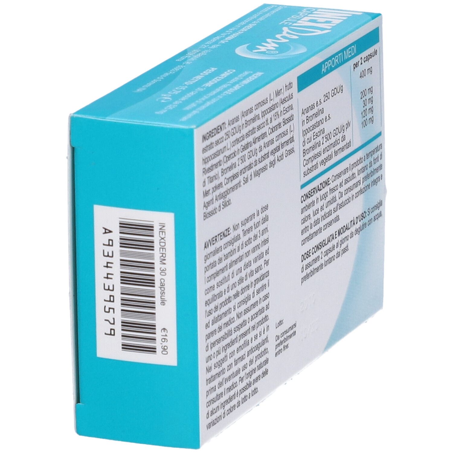 Scatola in diagonale. Scritta: InexDerm, 30 capsule. Prezzo: 16,90€.