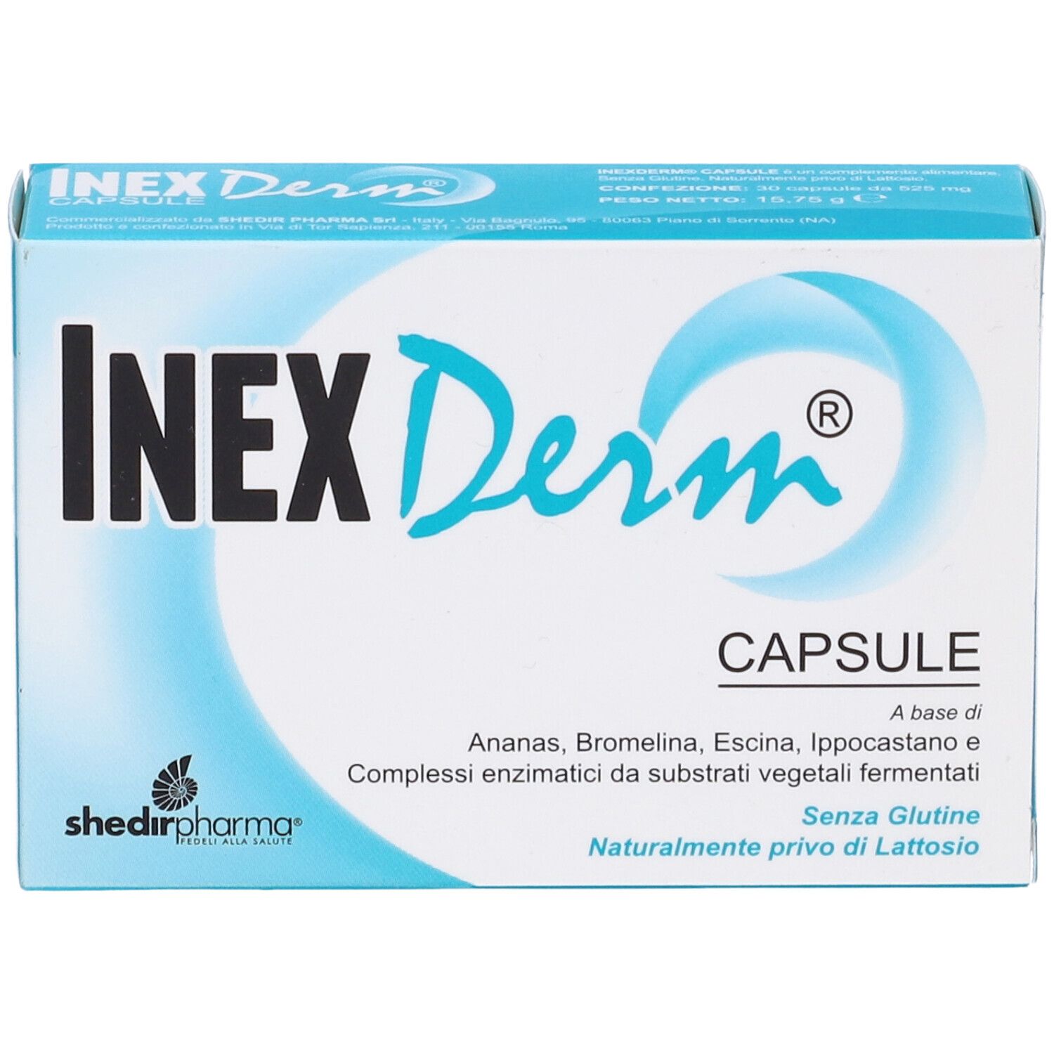 Scatola blu e bianca. Scritta: InexDerm, Capsule. Ingredienti e senza glutine.