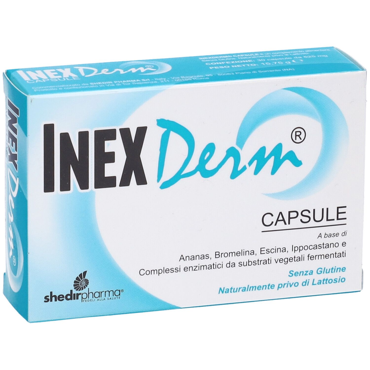 Scatola blu e bianca. Scritta: InexDerm, Capsule. Ingredienti e senza glutine.