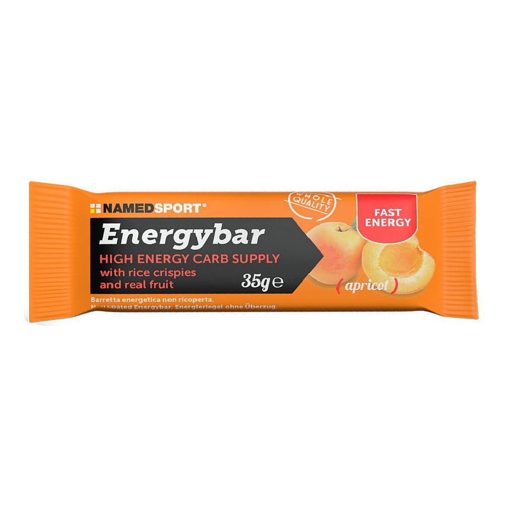 Energieriegel in orangefarbener Verpackung. Aufschrift: NAMEDSPORT Energybar, 35g, mit Aprikose. Mit echtem Obst und Reis-Crispies.