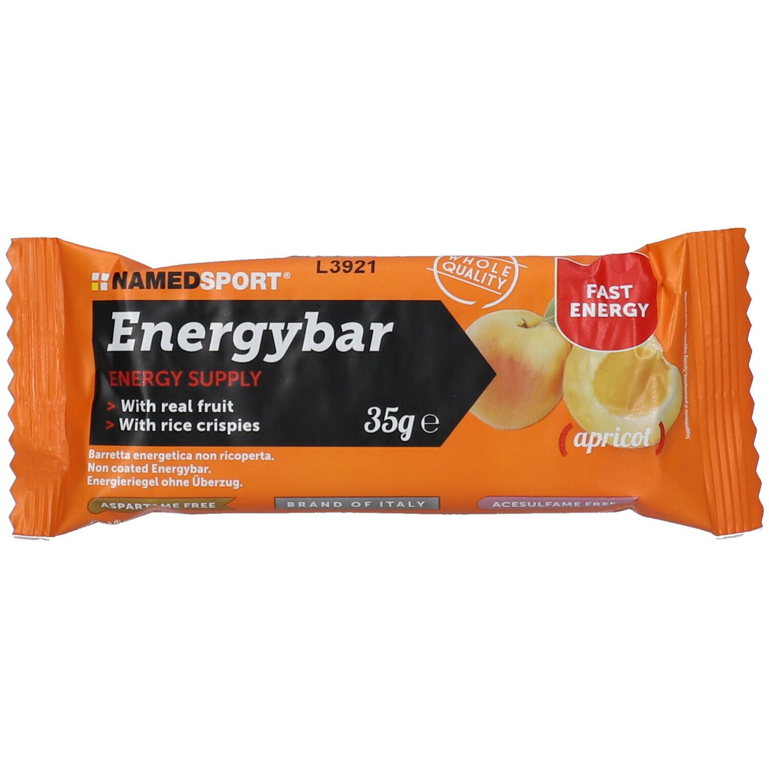 Energieriegel in orangefarbener Verpackung. Aufschrift: NAMEDSPORT Energybar, 35g, mit Aprikose. Mit echtem Obst und Reis-Crispies.