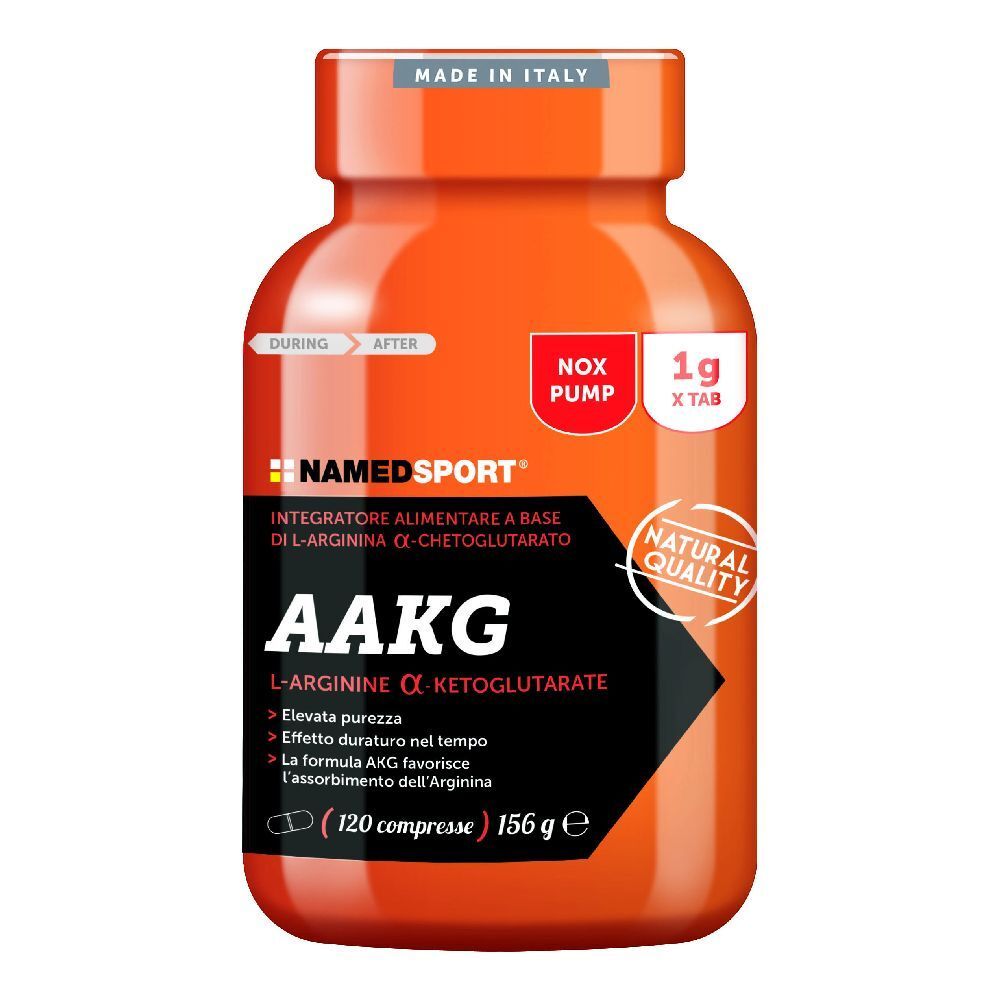 Flacone arancione NAMEDSPORT® AAKG. Etichetta nera con informazioni prodotto. 120 compresse, 156 g.