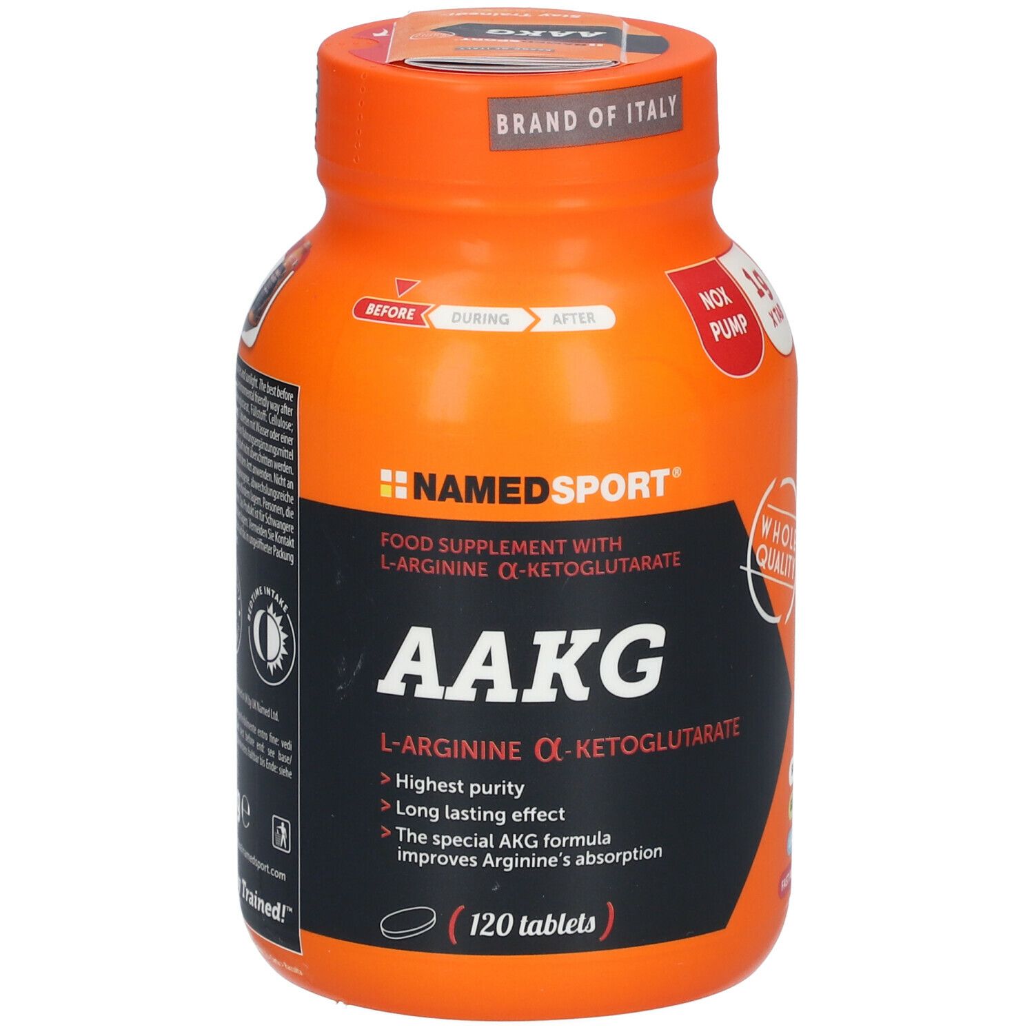 Flacone arancione NAMEDSPORT® AAKG. Etichetta nera con informazioni prodotto. 120 compresse.