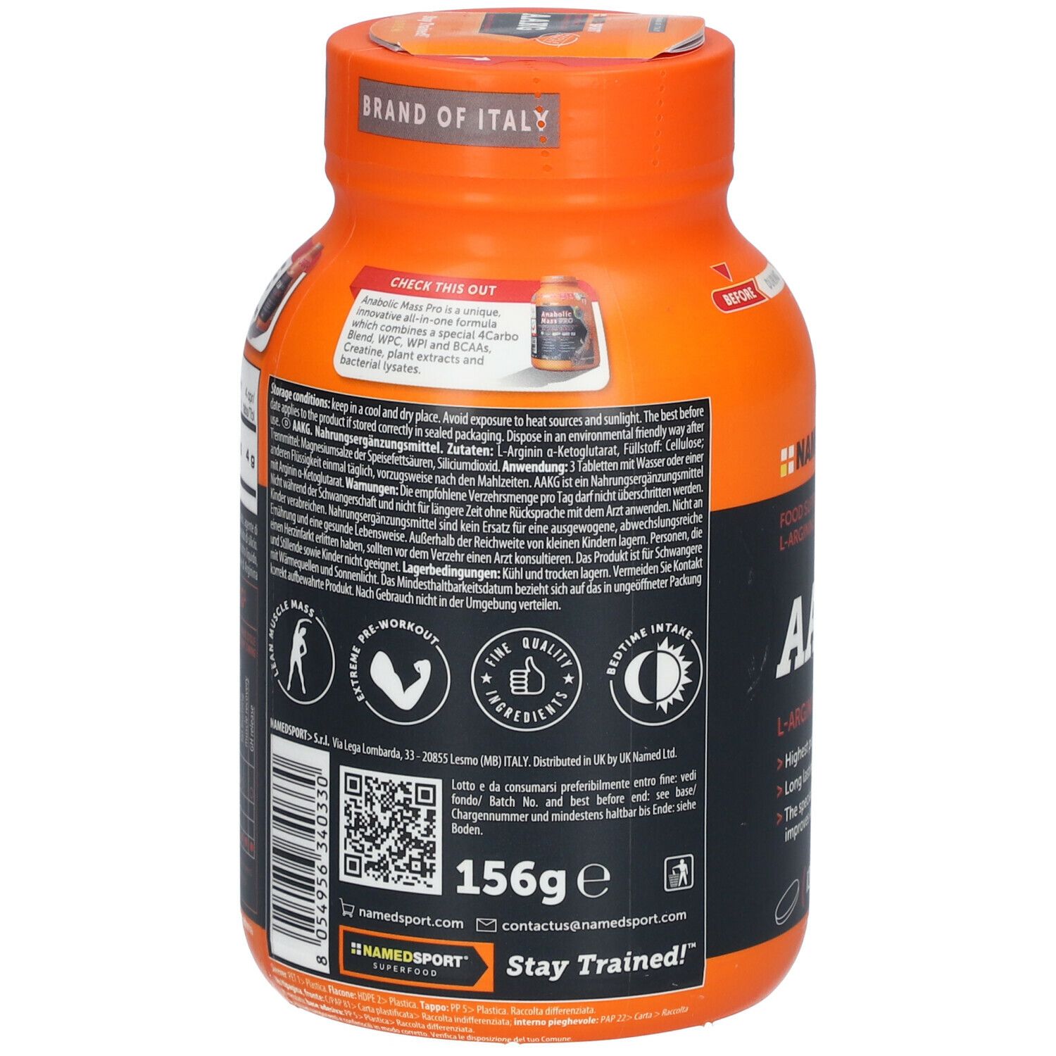 Retro del flacone arancione NAMEDSPORT® AAKG. Informazioni testuali, codice QR, 156g.
