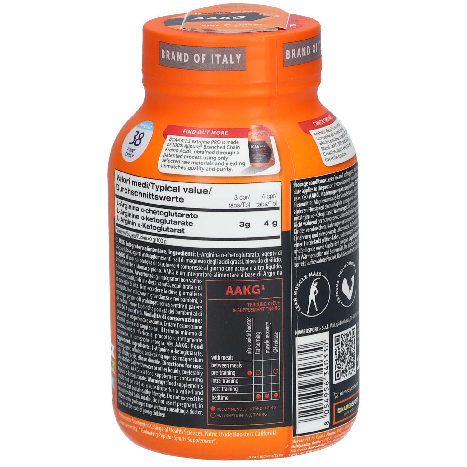 Retro del flacone arancione NAMEDSPORT® AAKG. Informazioni testuali, tabella nutrizionale.