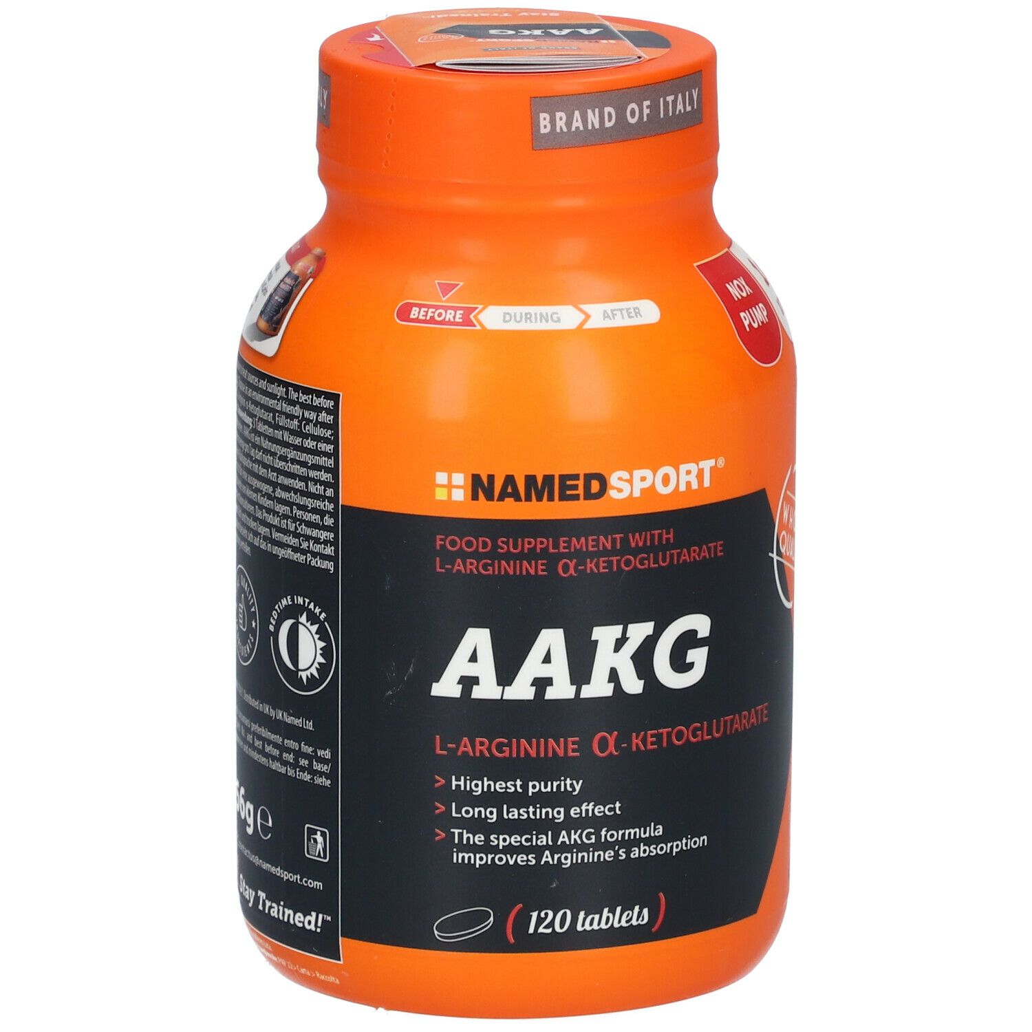 Flacone arancione NAMEDSPORT® AAKG. Etichetta nera con informazioni prodotto. 120 compresse, 156g.