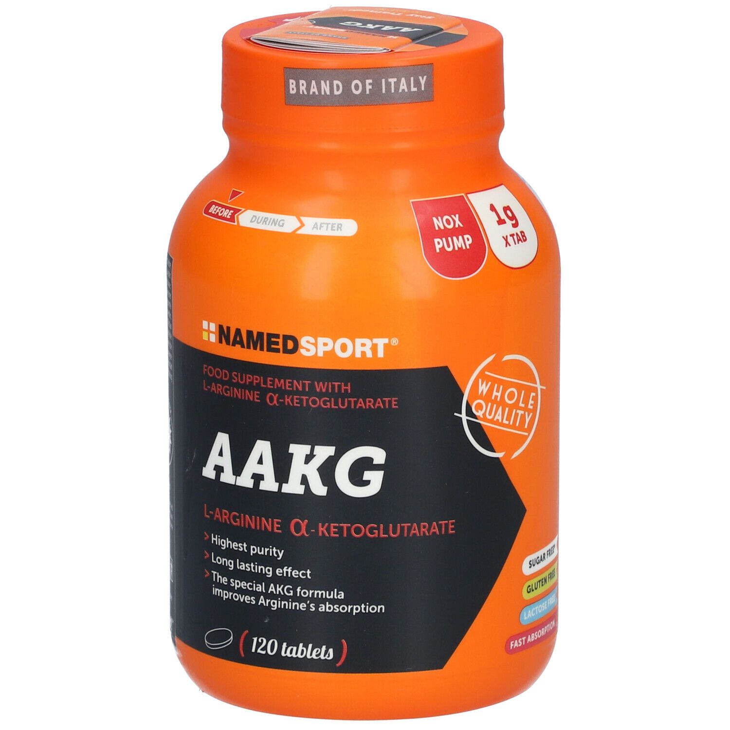 Flacone arancione NAMEDSPORT® AAKG. Etichetta nera con informazioni prodotto. 120 compresse.
