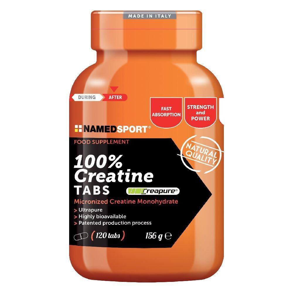 Flacone arancione con etichetta nera. Scritta: 100% Creatine TABS, 120 compresse. Logo: NAMEDSPORT. Con sigillo 'Creapure'.