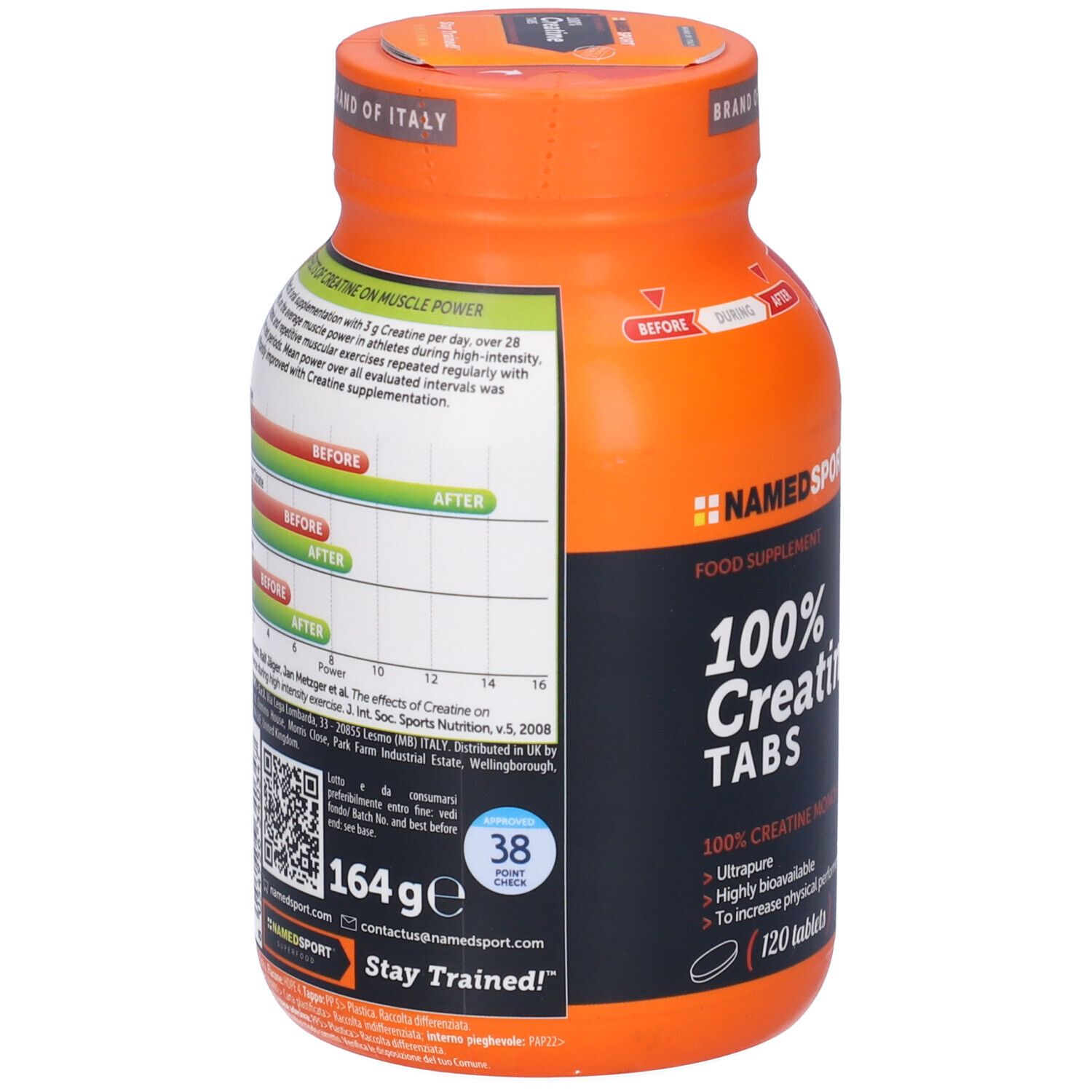 Bottiglia arancione, vista posteriore. Scritta: 100% Creatine TABS, 120 compresse. Logo: NAMEDSPORT. Con informazioni e QR code.