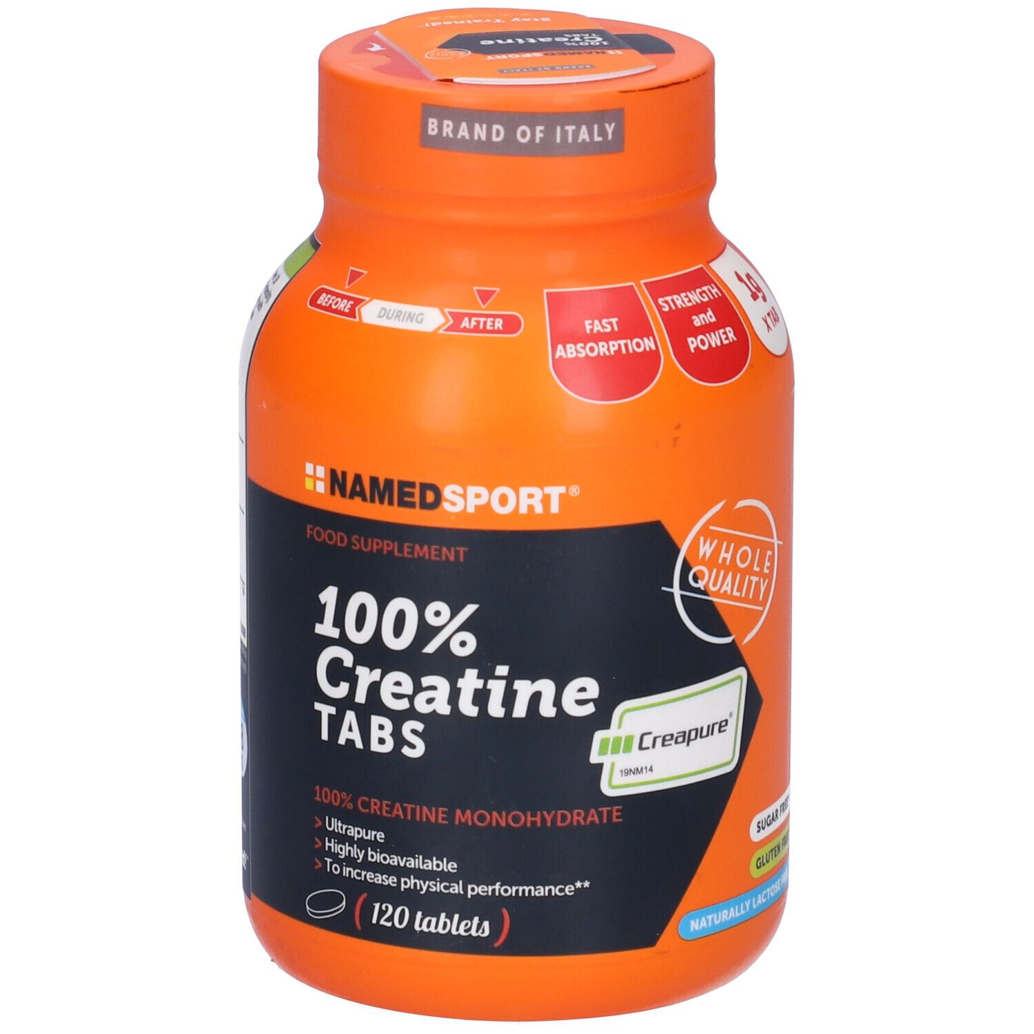 Flacone arancione con etichetta nera. Scritta: 100% Creatine TABS, 120 compresse. Logo: NAMEDSPORT. Con sigillo 'Creapure'.