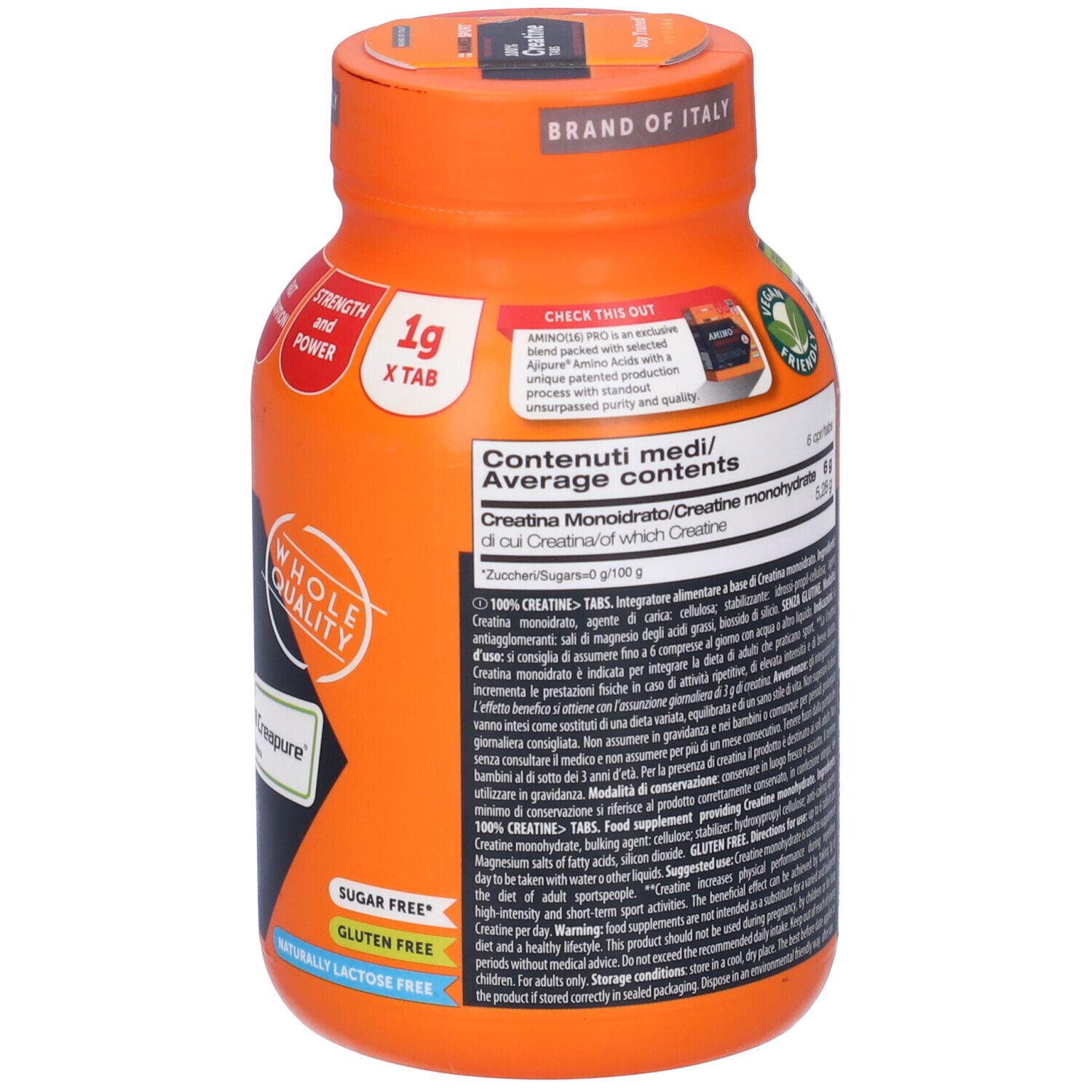 Bottiglia arancione, retro. Contiene informazioni sugli ingredienti e valori nutrizionali. Logo: NAMEDSPORT. Senza glutine, senza lattosio.