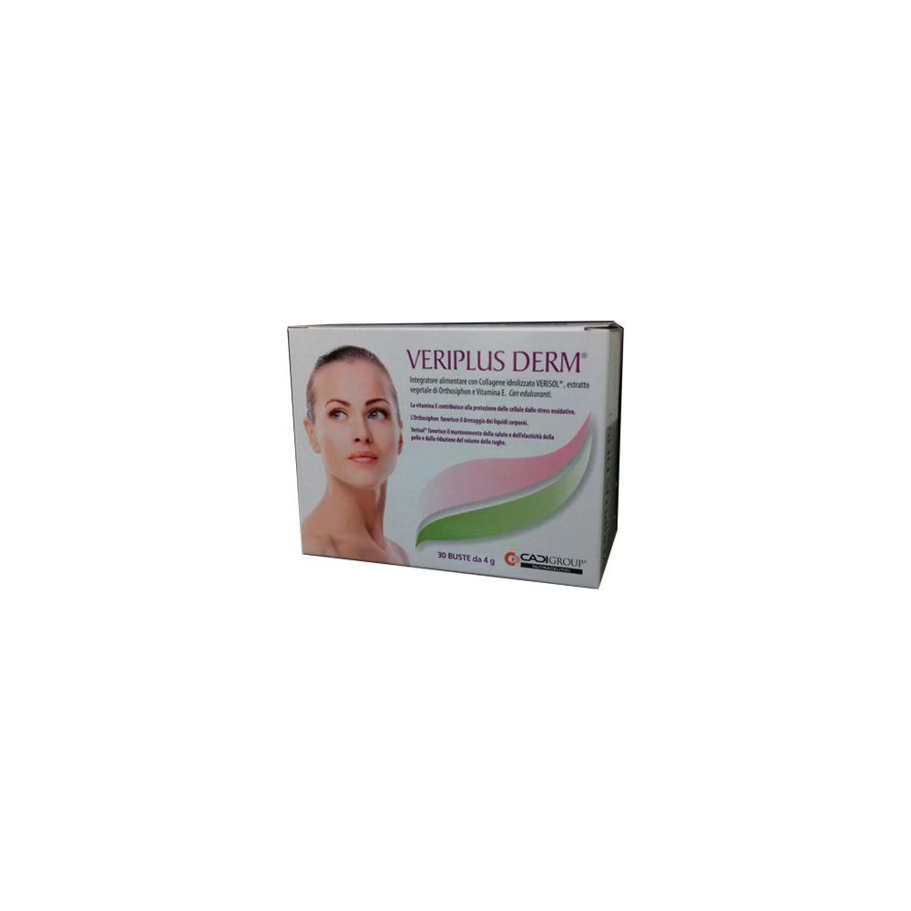 Confezione VERIPLUS DERM. Immagine di donna e strisce colorate. Testo in italiano. Marchio e logo in basso a destra.