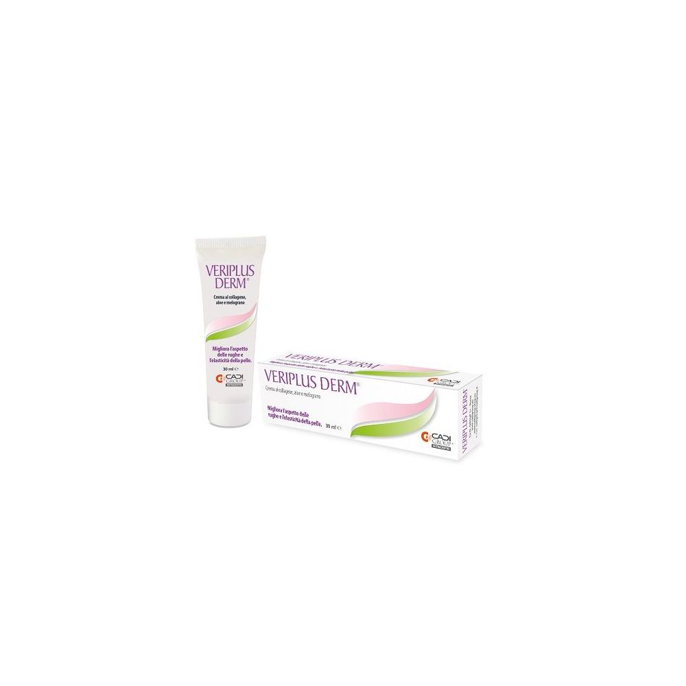 Tubo e scatola di crema. Scritta: VERIPLUS DERM. Elementi di design rosa e verdi. Logo CADI GROUP.