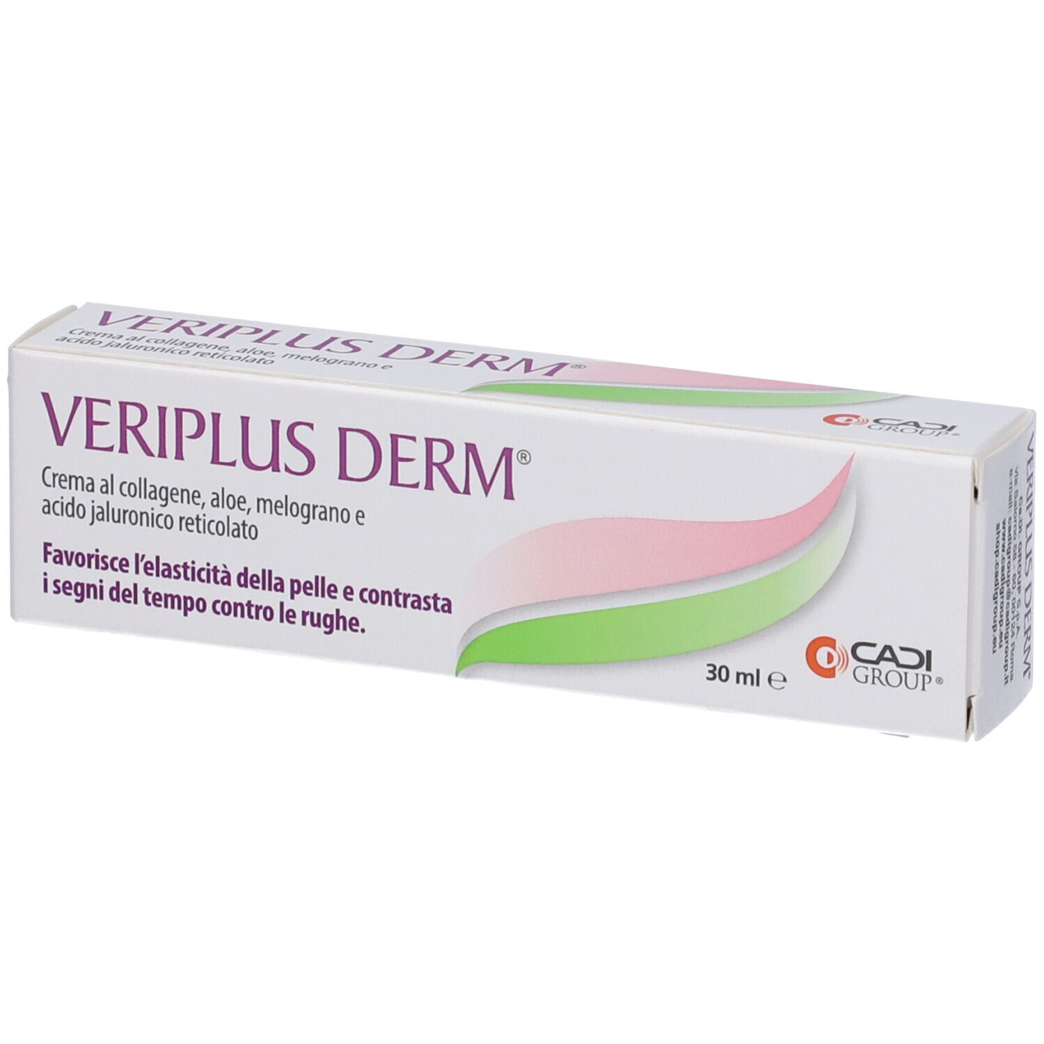Scatola con scritta VERIPLUS DERM. Contiene collagene, aloe, melograno e acido ialuronico. 30 ml. Logo CADI GROUP.