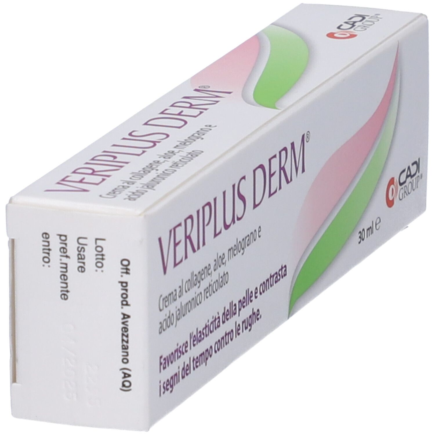 Scatola con scritta VERIPLUS DERM. Contiene collagene, aloe, melograno e acido ialuronico. 30 ml. Logo CADI GROUP.