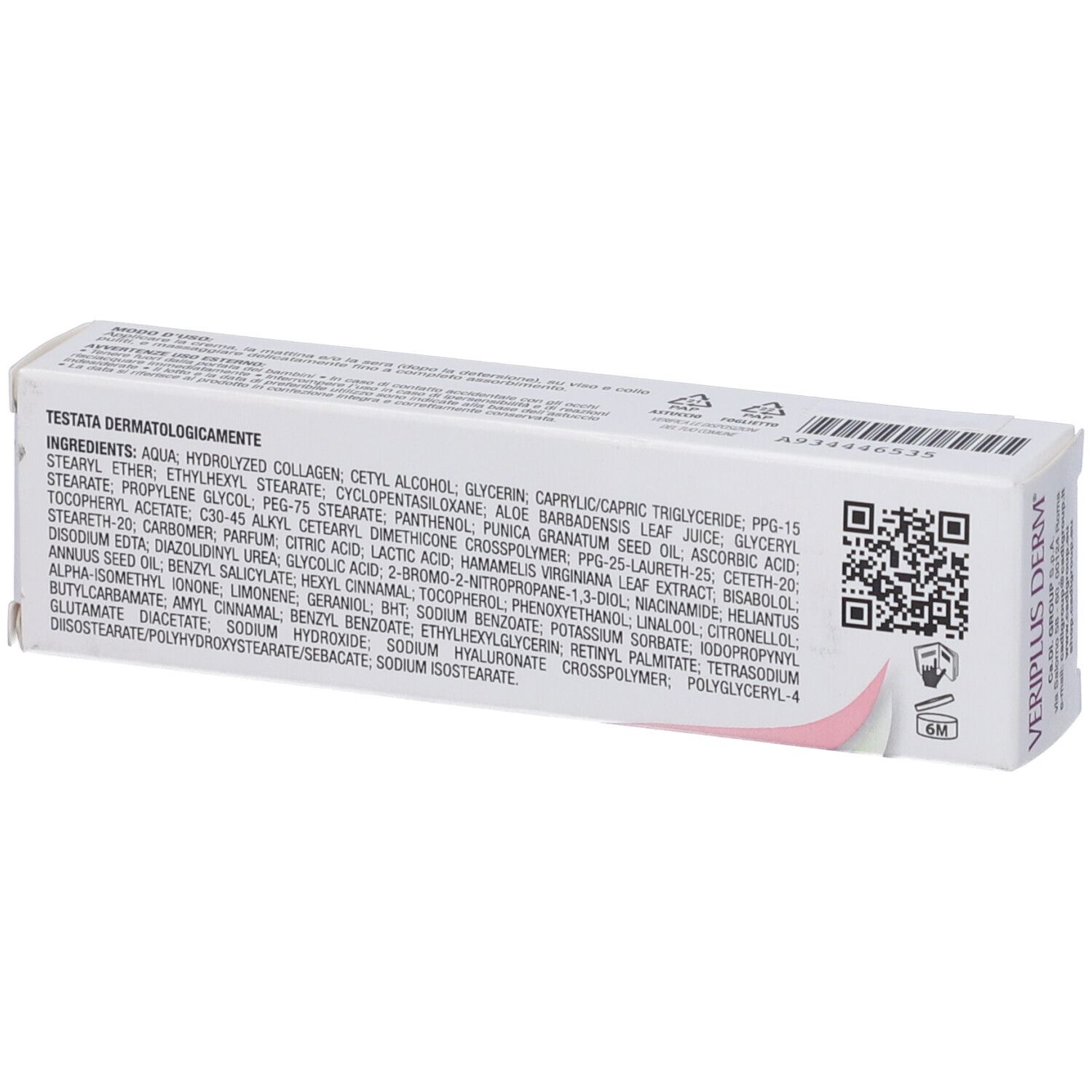 Scatola con scritta VERIPLUS DERM. Contiene collagene, aloe, melograno e acido ialuronico. 30 ml. Logo CADI GROUP.