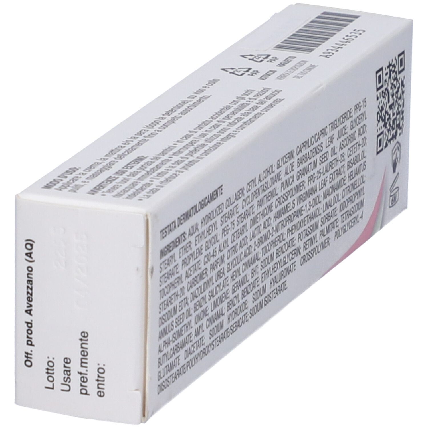 Retro della scatola con ingredienti e codice QR. Scritta: VERIPLUS DERM. Logo CADI GROUP. 30 ml.