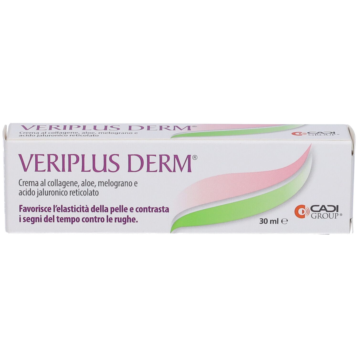 Scatola con scritta VERIPLUS DERM. Contiene collagene, aloe, melograno e acido ialuronico. 30 ml. Logo CADI GROUP.