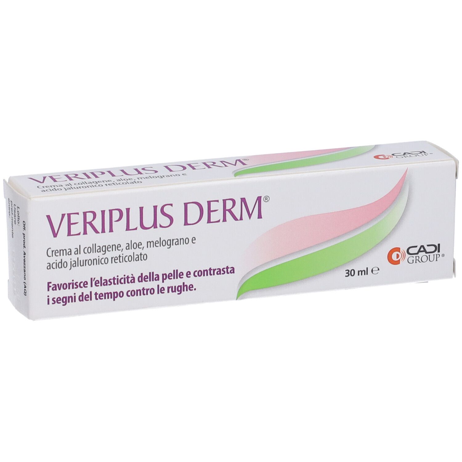 Scatola con scritta VERIPLUS DERM. Contiene collagene, aloe, melograno e acido ialuronico. 30 ml. Logo CADI GROUP.