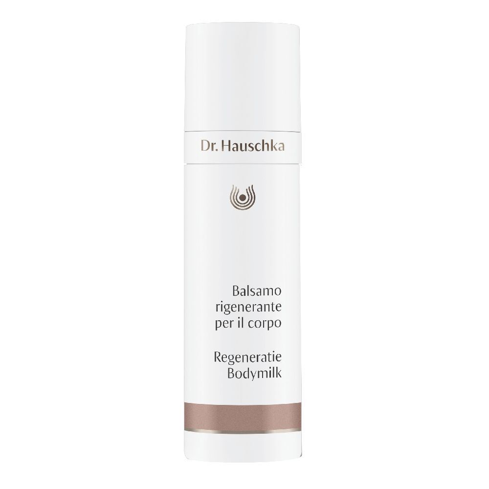 Flacone bianco con etichetta. Scritta: Dr. Hauschka, Balsamo rigenerante per il corpo, Regeneratie Bodymilk.