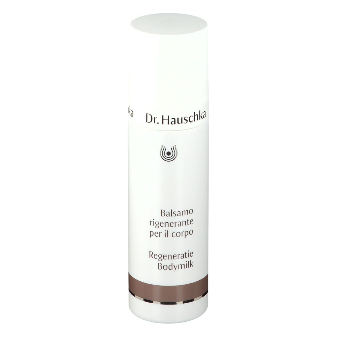 Flacone bianco con etichetta. Scritta: Dr. Hauschka, Balsamo rigenerante per il corpo, Regeneratie Bodymilk.
