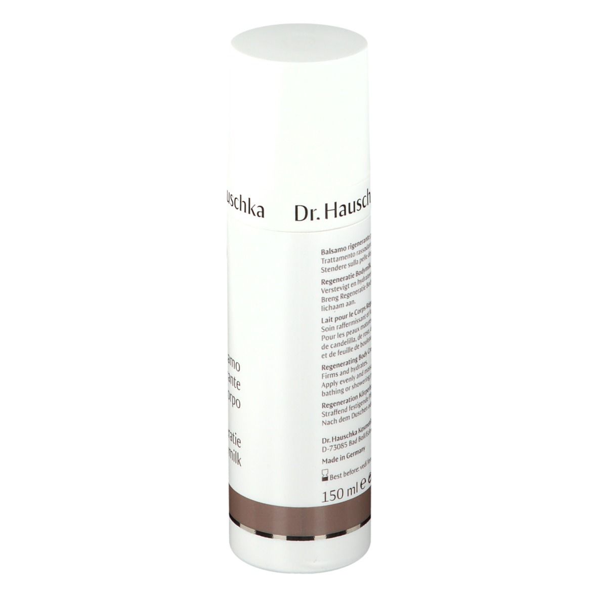 Flacone bianco con etichetta. Scritta: Dr. Hauschka, Balsamo rigenerante per il corpo, Regeneratie Bodymilk, 150 ml.