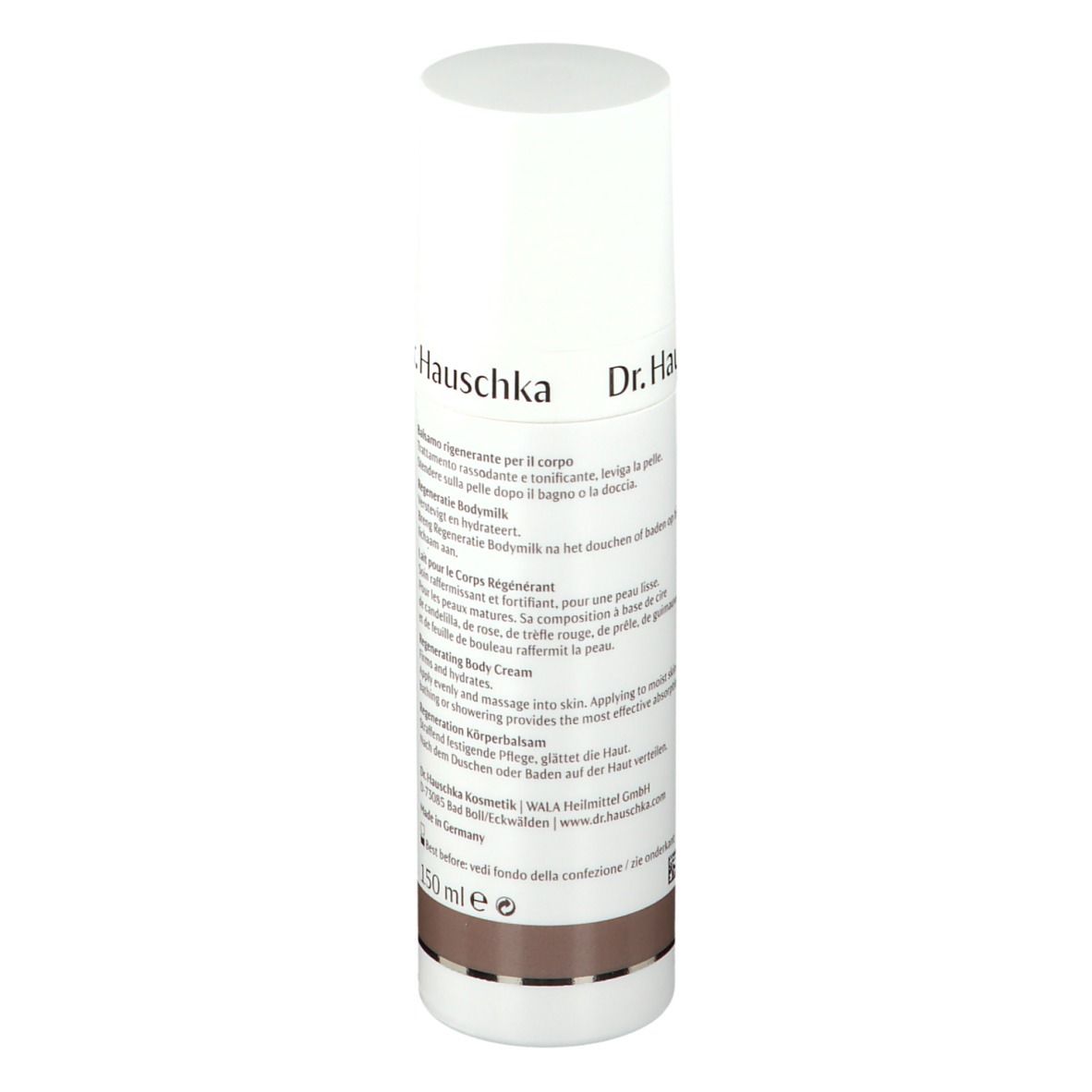 Flacone bianco con etichetta. Scritta: Dr. Hauschka, Balsamo rigenerante per il corpo, Regeneratie Bodymilk, 150 ml.