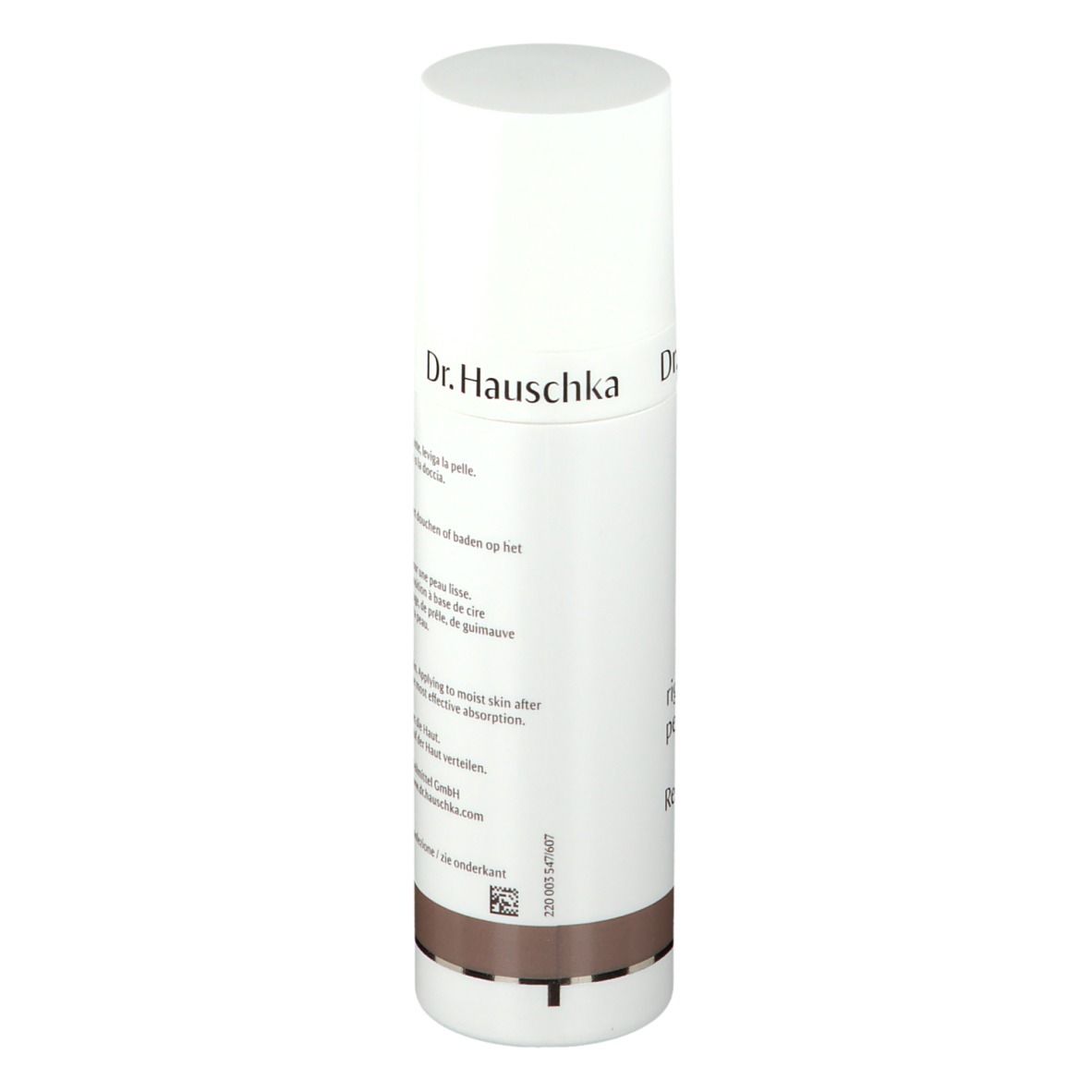 Flacone bianco con etichetta. Scritta: Dr. Hauschka, Balsamo rigenerante per il corpo, Regeneratie Bodymilk, 150 ml.