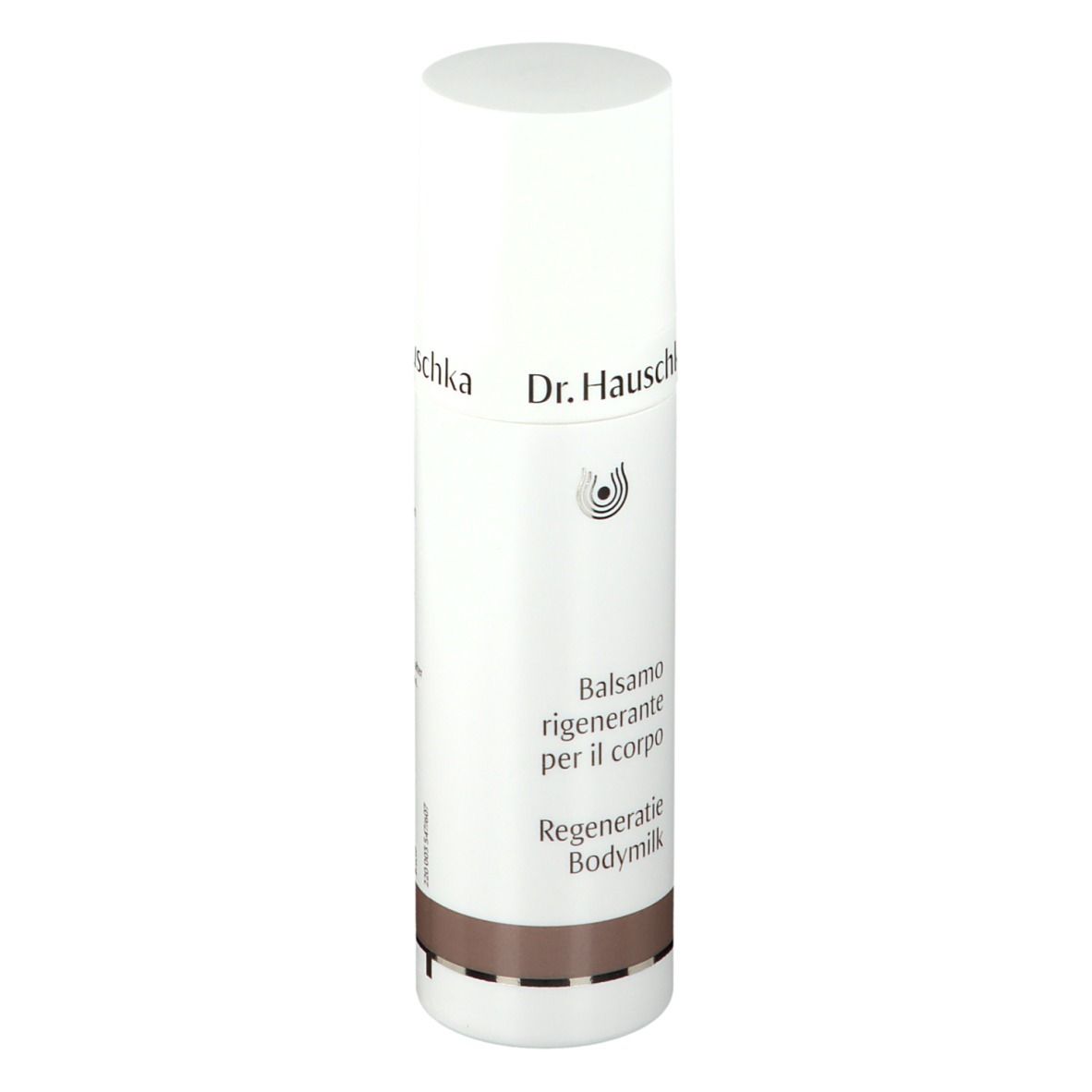 Flacone bianco con etichetta. Scritta: Dr. Hauschka, Balsamo rigenerante per il corpo, Regeneratie Bodymilk.