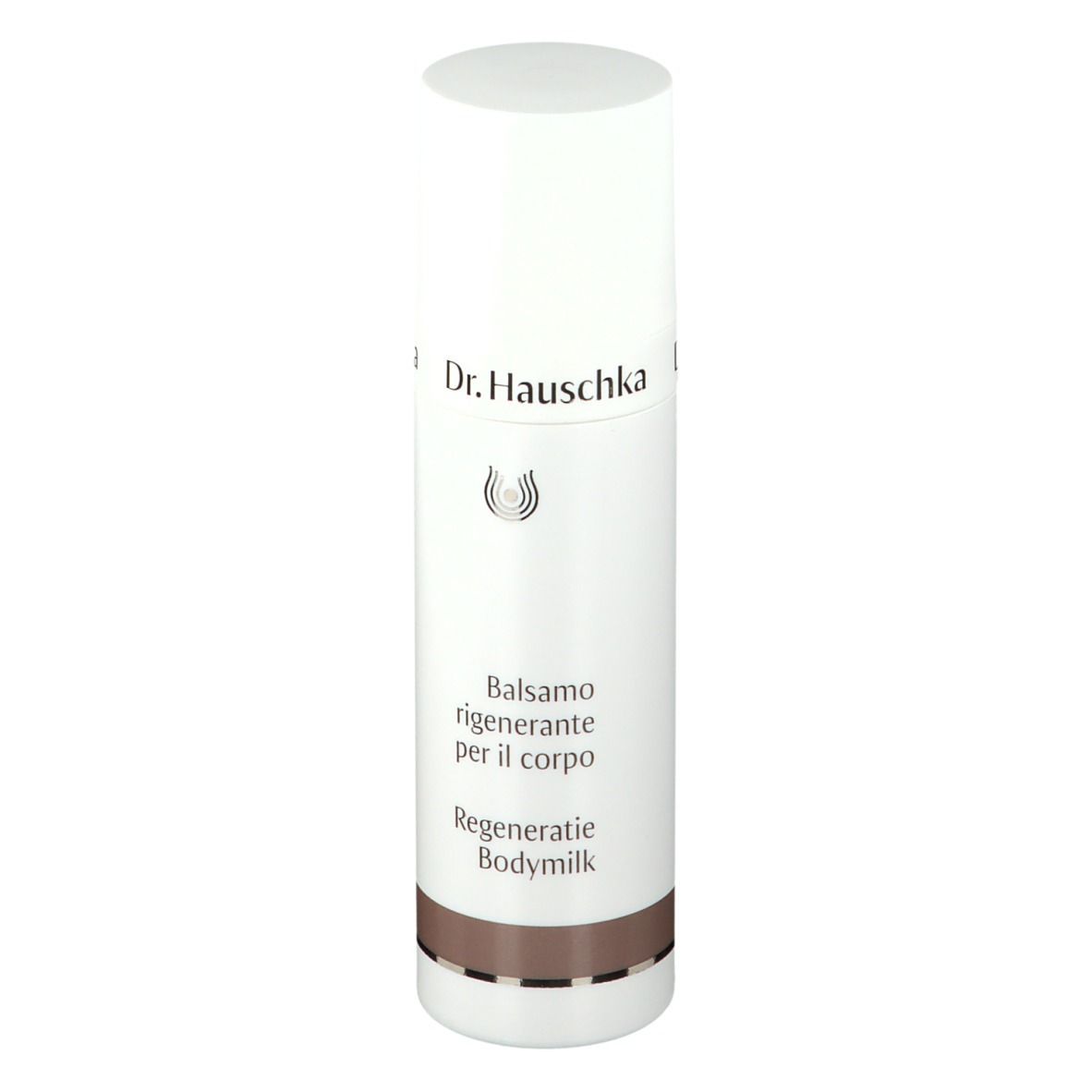 Flacone bianco con etichetta. Scritta: Dr. Hauschka, Balsamo rigenerante per il corpo, Regeneratie Bodymilk.