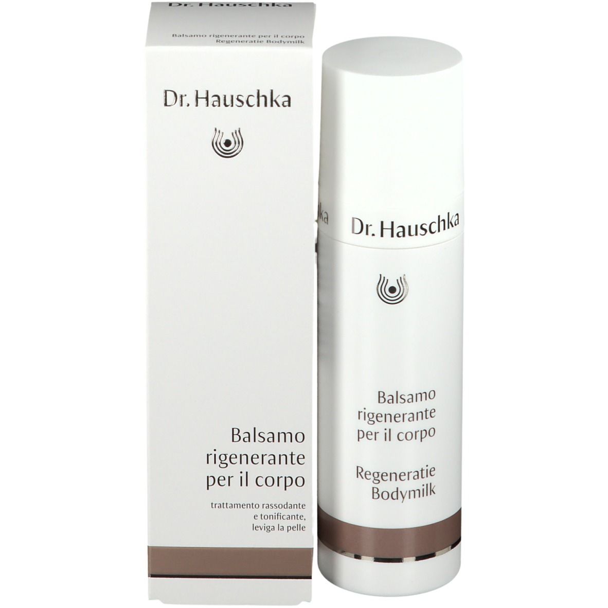 Flacone e confezione del prodotto. Scritta: Dr. Hauschka, Balsamo rigenerante per il corpo, Regeneratie Bodymilk.