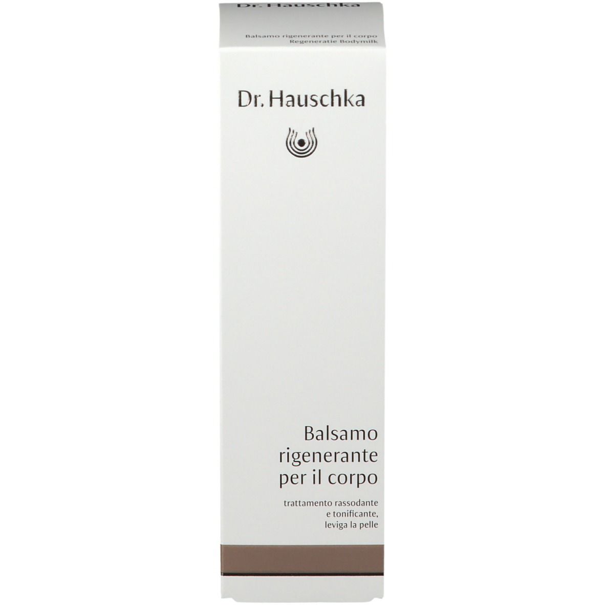 Confezione del prodotto. Scritta: Dr. Hauschka, Balsamo rigenerante per il corpo, trattamento, leviga la pelle.